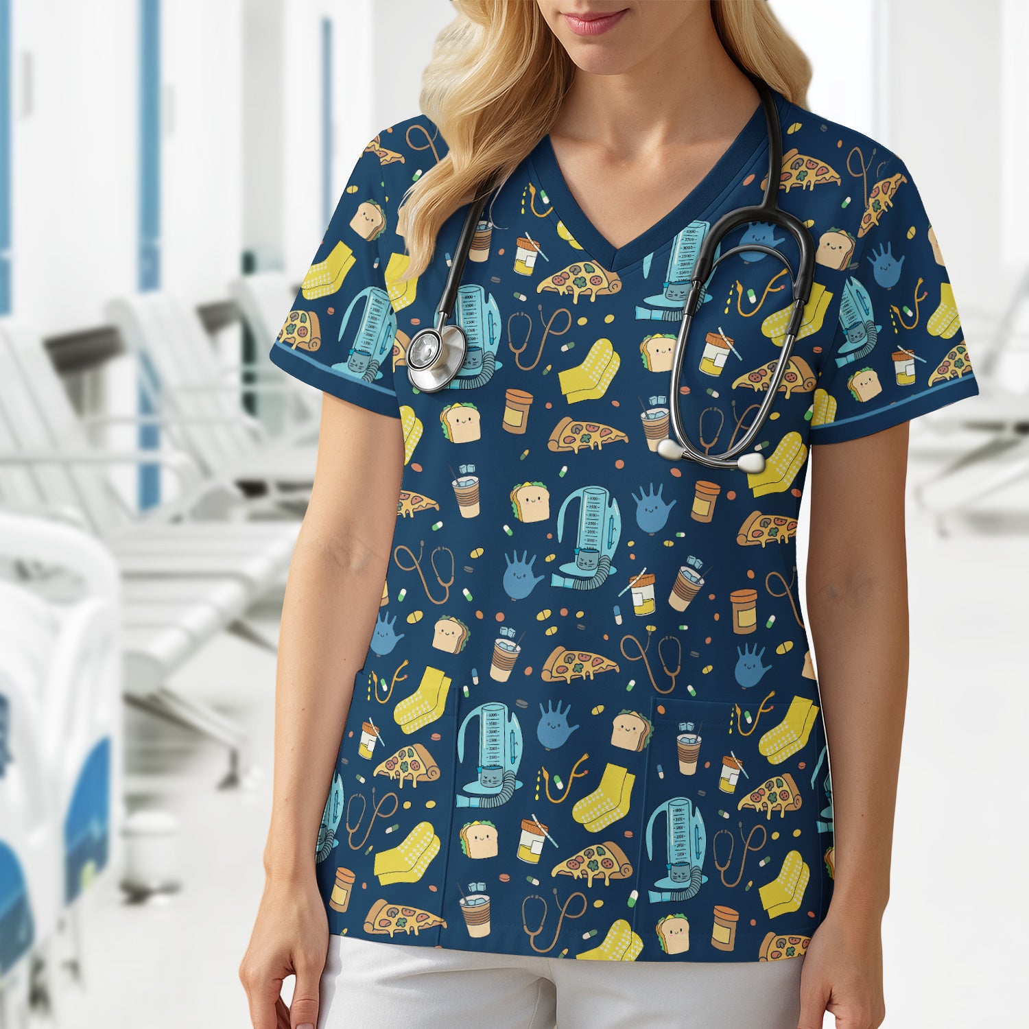 Funny Nurse Shirt with Medical Icons - Cute Cartoon Graphic Tee for Women - Gift for RN, CNA, Healthcare Worker