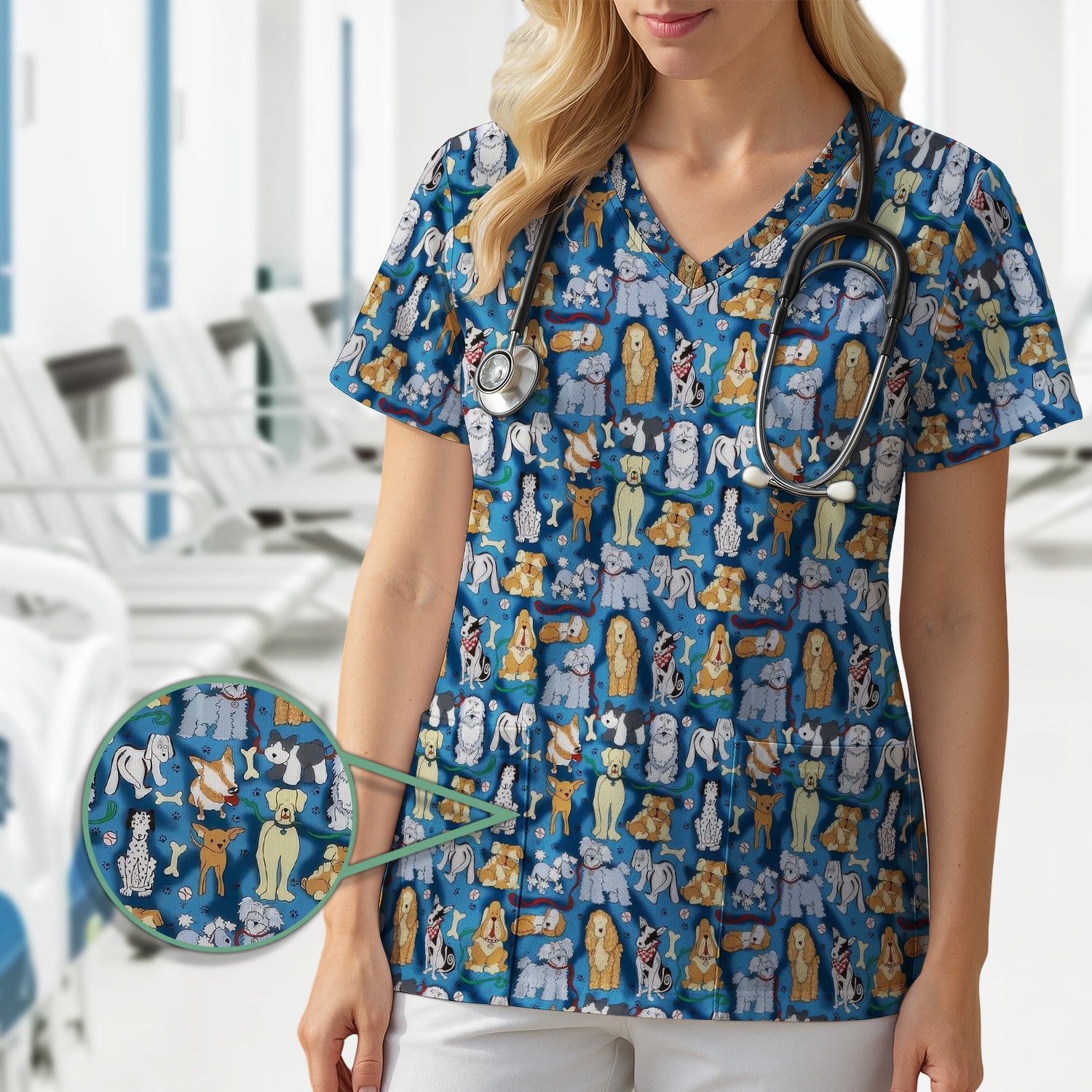 Funny Dog Lover Shirt - Cartoon Dog Breeds Pattern Design - Gift for RN LPN CNA Women Healthcare Staff