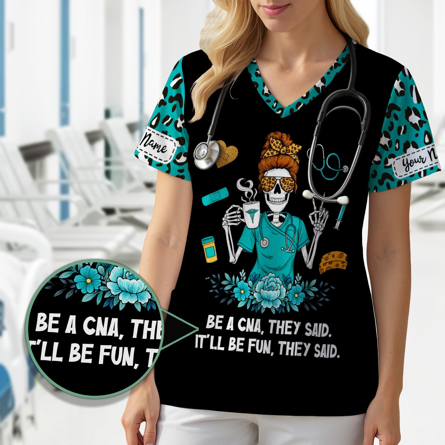 Personalized CNA Skeleton Shirt - Messy Bun Hair & Leopard Print Graphic Tee - Gift for Women CNA & Healthcare Workers