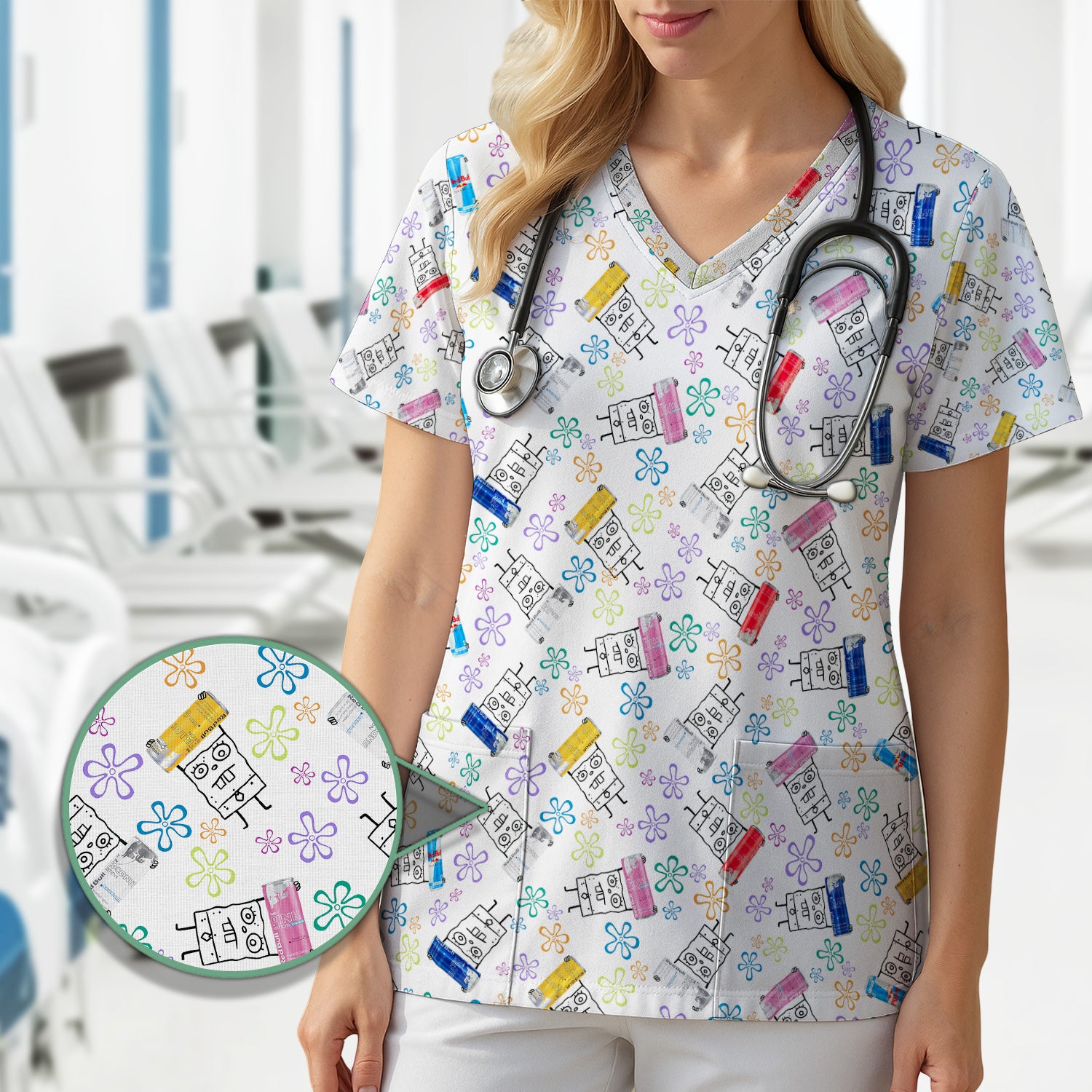 Doodle Bob Energy Drink Nurse T-Shirt - Funny Cartoon Medical Graphic Tee - Gift for RN MD CNA Healthcare