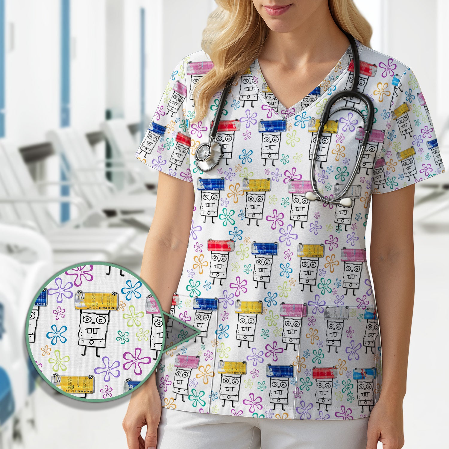 Funny Doodle Bob Energy Drink Nurse Shirt - Cute Cartoon Medical Graphic Tee - Gift for RN MD CNA RT Paramedic Phlebotomist Healthcare
