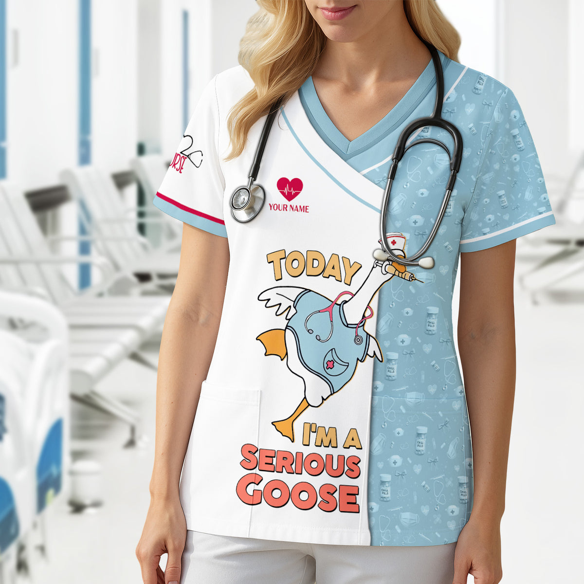 Personalized Funny Nurse Scrub Shirt - Today I'm a Serious Goose Quote - Cute Gift for RN, LPN, CNA