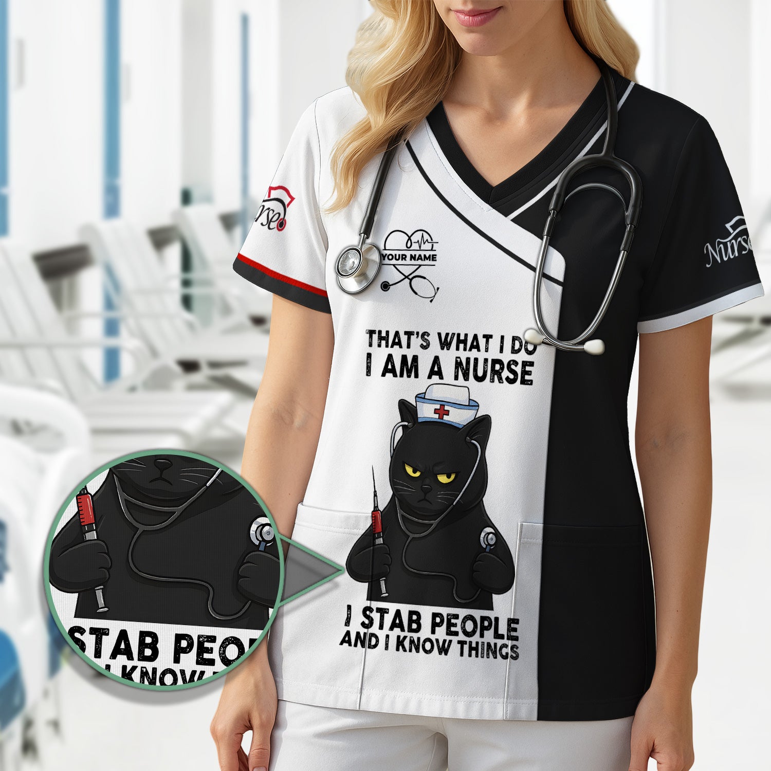 Custom Name Funny Nurse Scrub Top - I Stab People And I Know Things Sarcastic Quote - Gift for Women RN LPN & Healthcare Workers