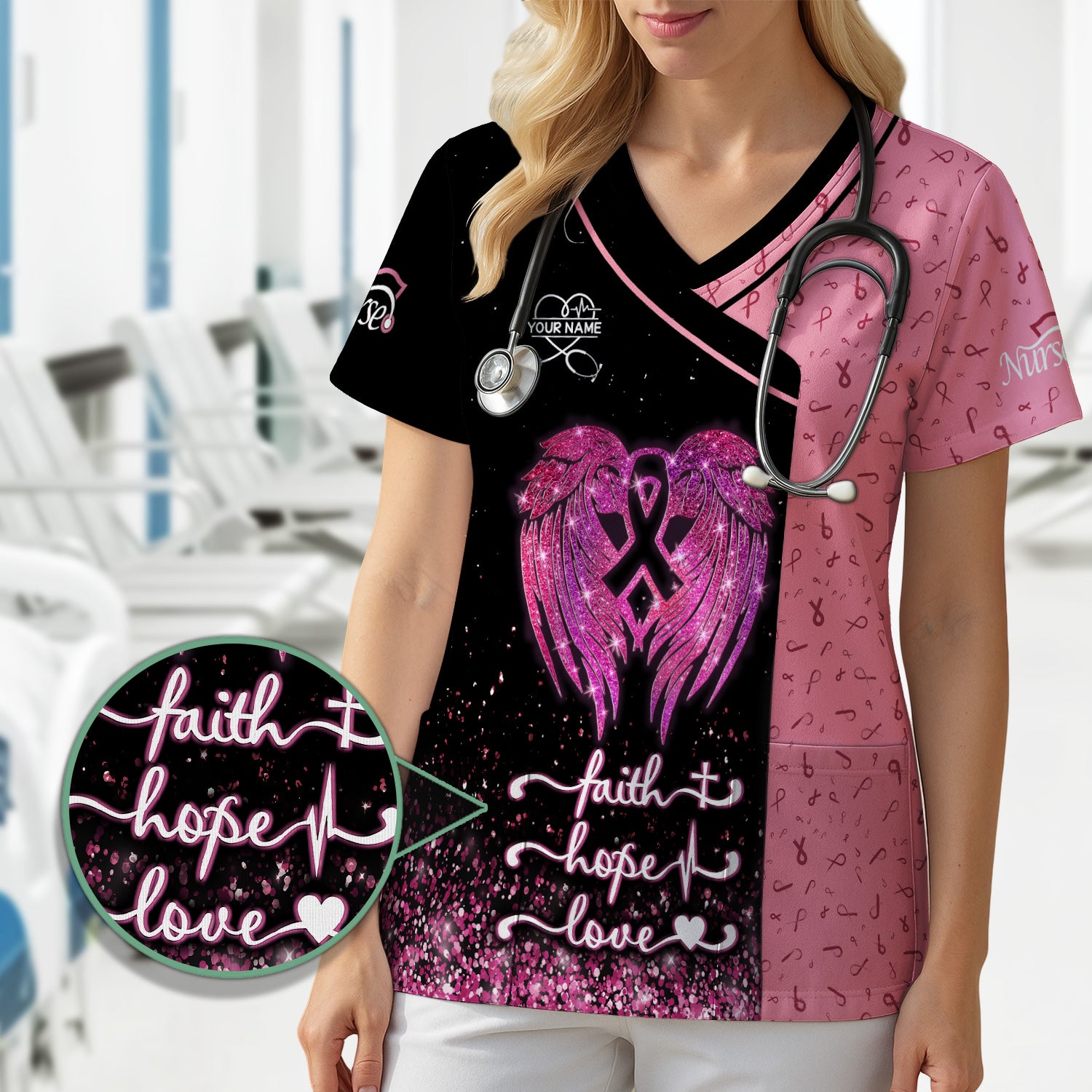 Custom Breast Cancer Warrior Shirt - Pink Glitter Angel Wings & Ribbon Graphic Tee - Gift for Nurse RN LPN CNA