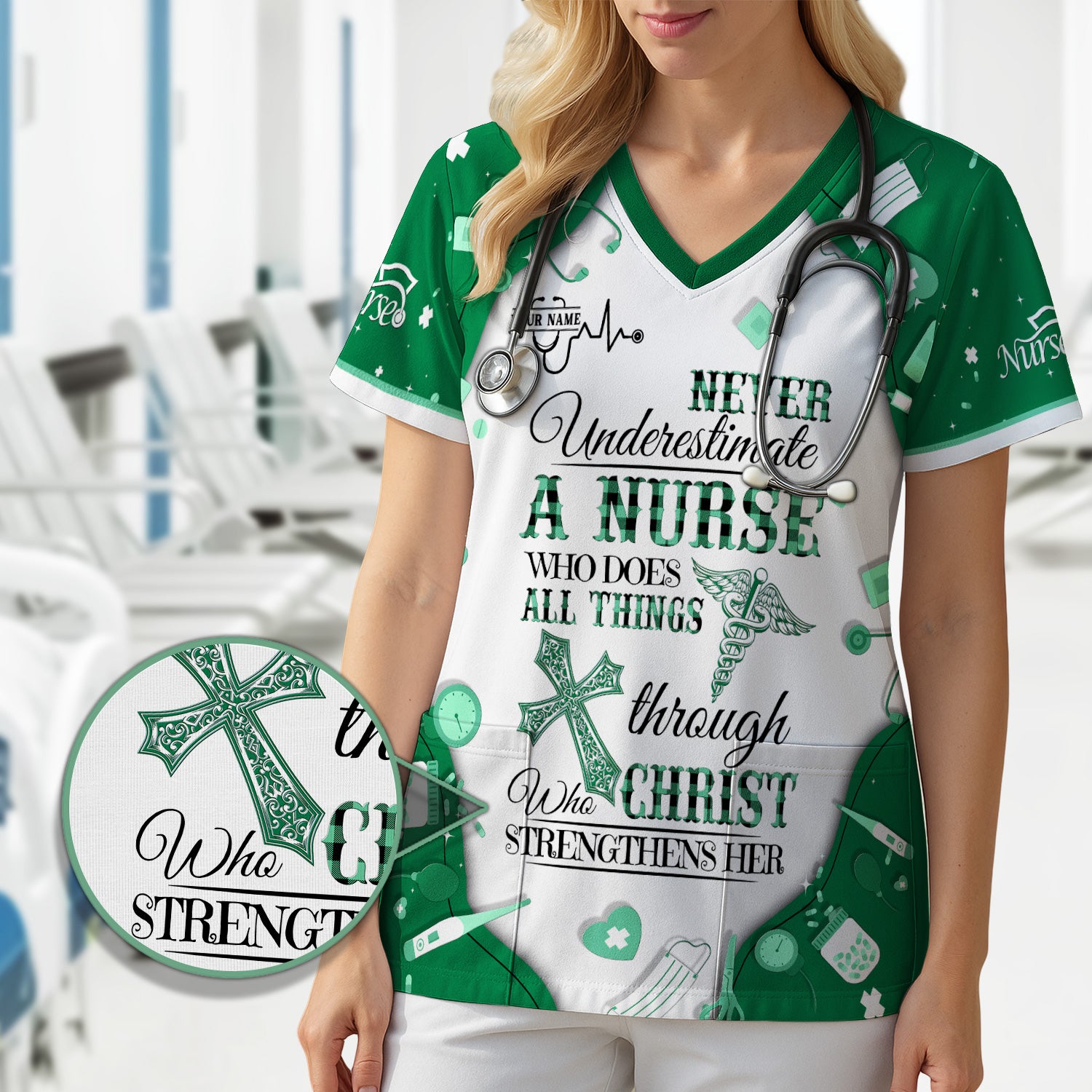 Faith-Based Personalized Nursing Scrub for Women - Bible Verse All Things Through Christ - Gift for RN, LPN, CNA Healthcare Professionals
