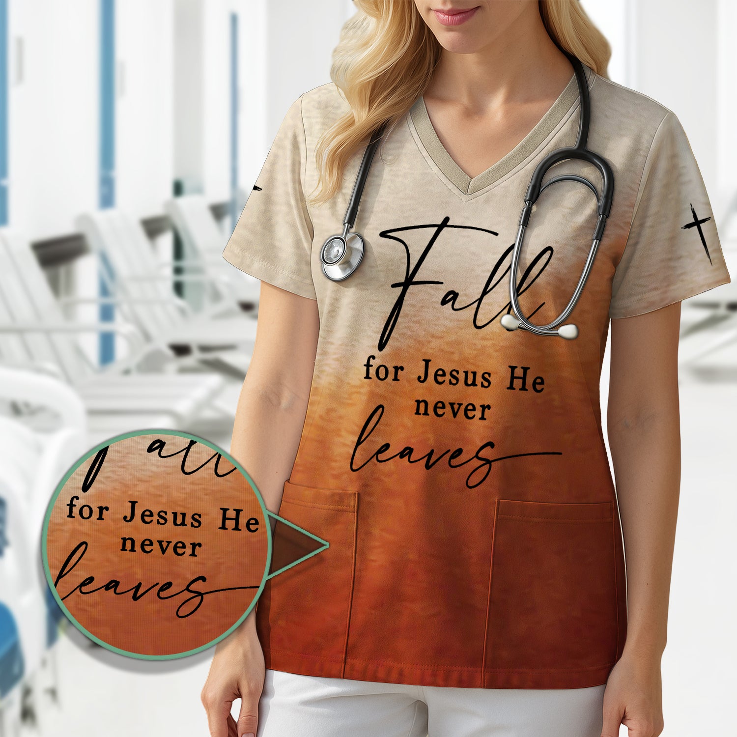 Personalized Christian Nurse T-Shirt - Fall for Jesus He Never Leaves Design - Gift for Women RN LPN & Healthcare Workers