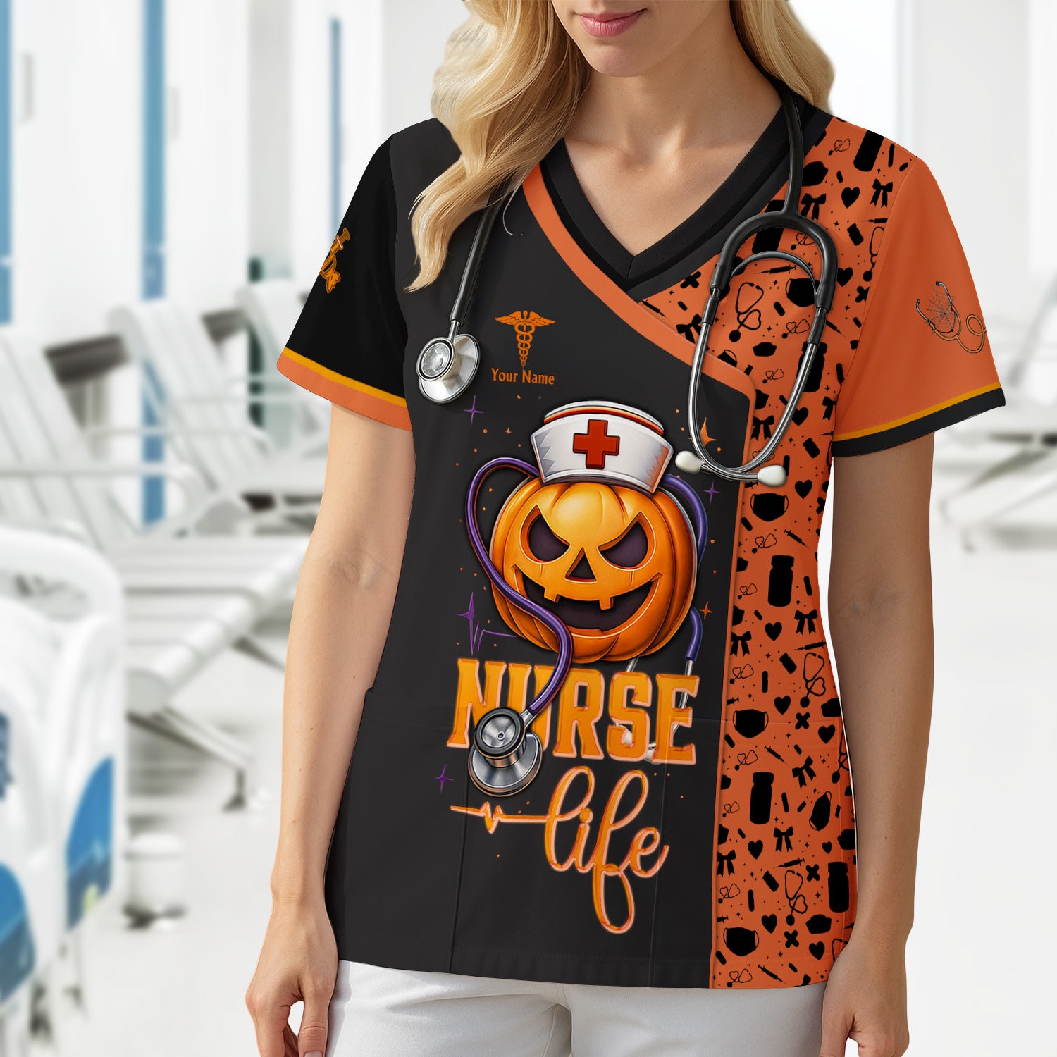 Custom Halloween Nurse Scrub Top with Pain Scale - Personalized Medical Uniform for RN CNA LPN - Gift for Medical Professionals