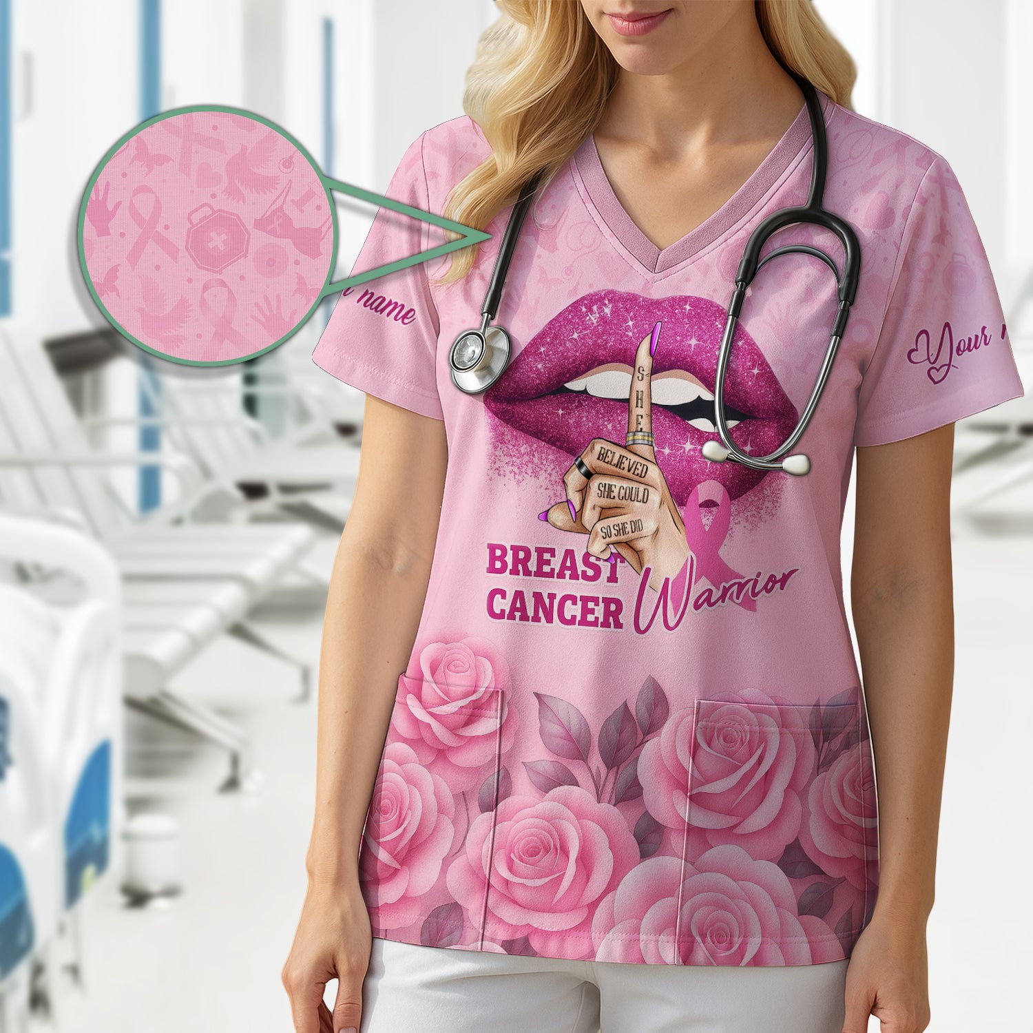 Custom Breast Cancer Awareness Floral Scrub - Pink Ribbon & Rose Pattern Graphic - Gift for RN LPN CNA