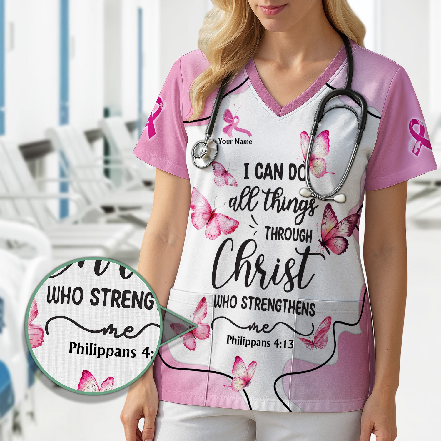Personalized Christian Butterfly Scrub Top for Nurse -  Bible Verse All Things Through Christ - Gift for RN LPN CNA