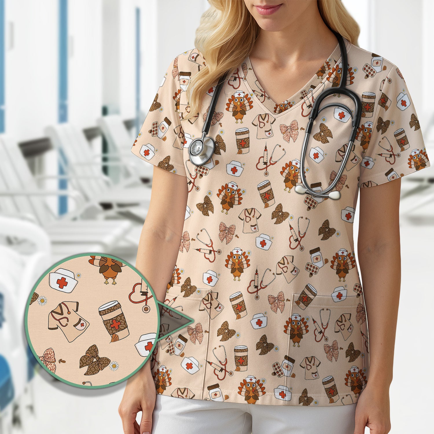 Funny Nurse Thanksgiving Scrub - Turkey & Stethoscope Medical Design - Gift for RN LPN Healthcare Workers