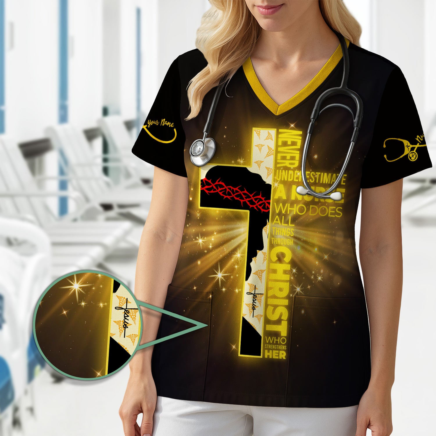 Personalized Christian Nurse Scrub Top - Never Underestimate a Nurse Quote - Gift for Women RN LPN & Healthcare Workers