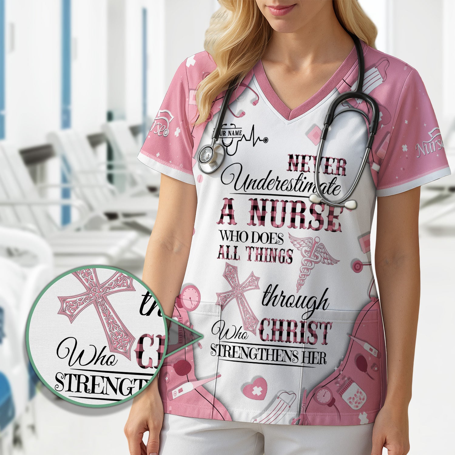 Faith-Based Personalized Nursing Scrub for Women - Bible Verse All Things Through Christ - Gift for RN, LPN, CNA Healthcare Professionals
