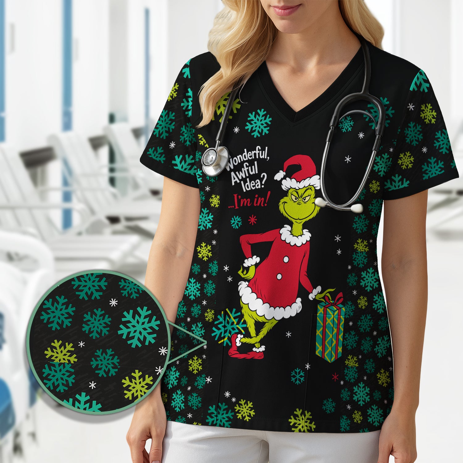 Funny Grinch Christmas Scrub Top - Holiday Medical Uniform for Women - Xmas Gift for RN LPN CNA