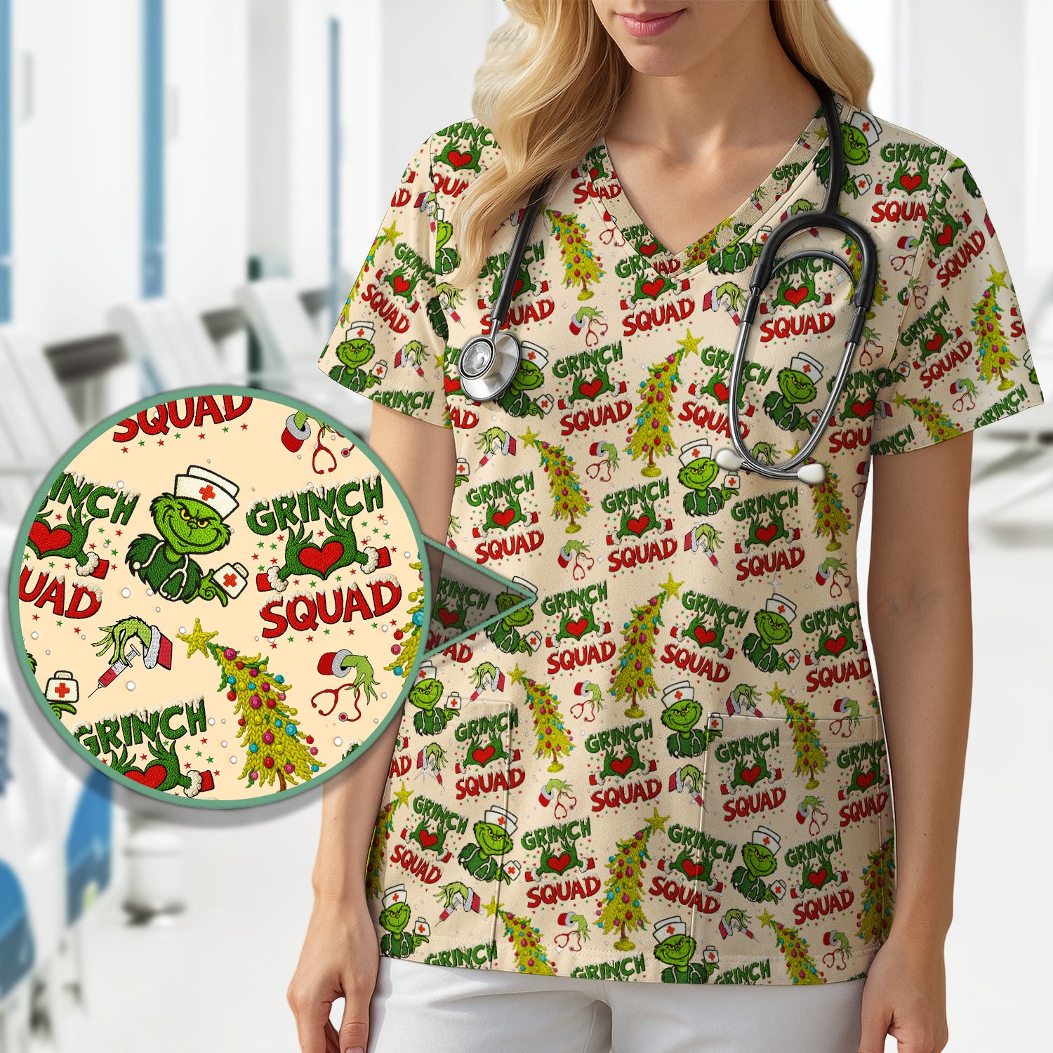 Grinch Squad Christmas Scrub Shirt - Funny Holiday Scrub Top for Nurses - Multi Color Nursing Work Shirt with Pockets