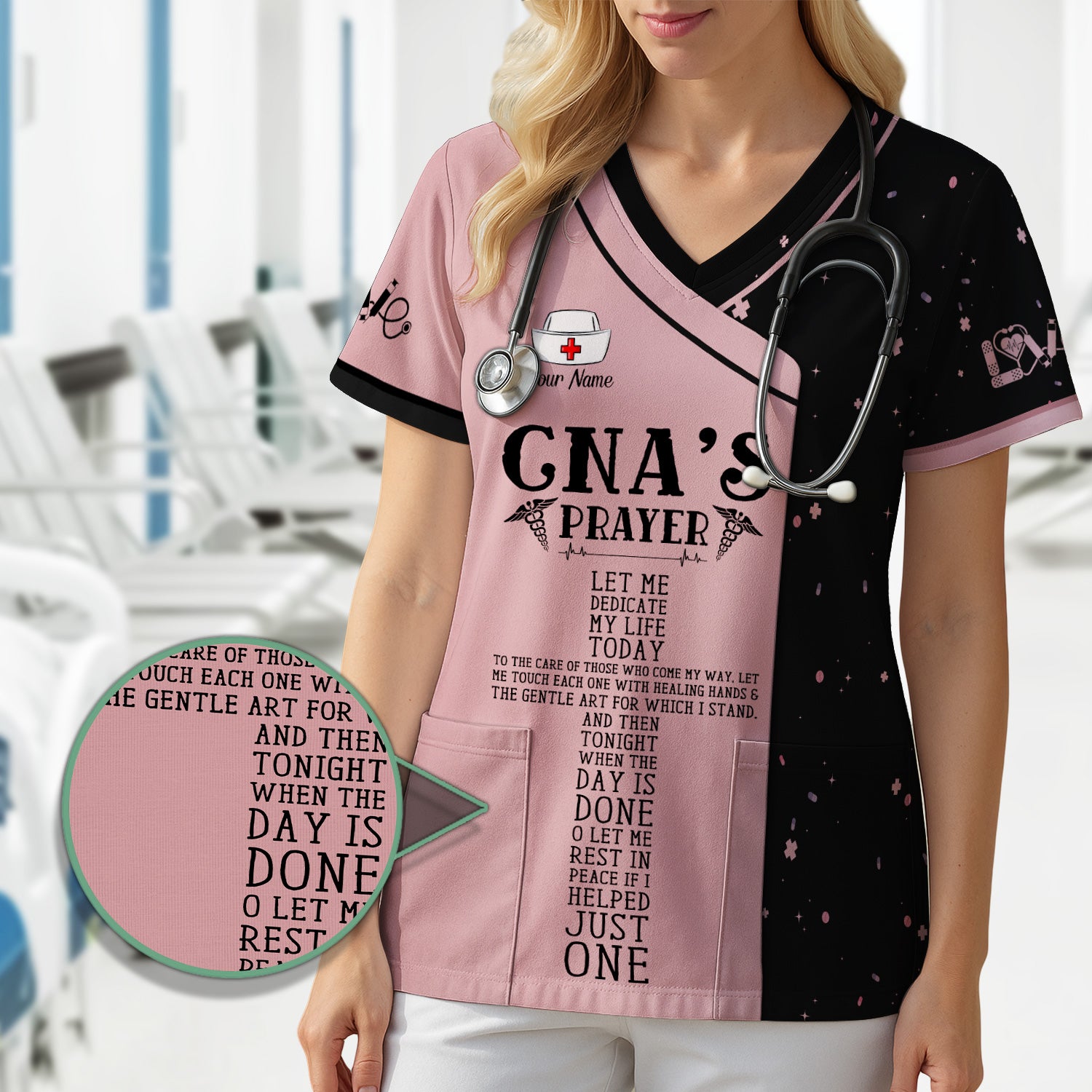 Personalized Nursing Faith Scrub for Women - CNA's Prayer & Caduceus Symbol Design - Gift for RN LPN Healthcare Workers