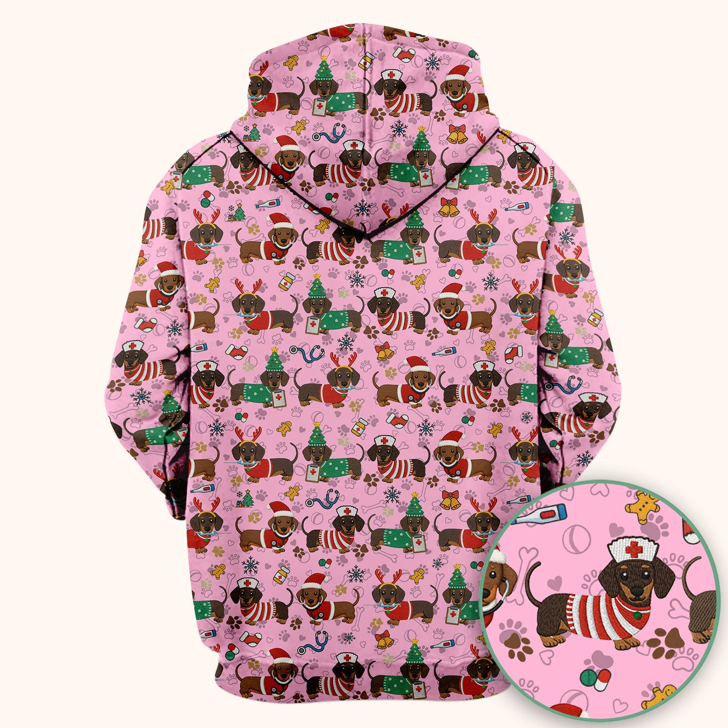 Christmas Dachshund Scrub Top for Nurses - Cute Wiener Dog Pattern Medical Shirt - Festive Holiday Scrubs Gift for Women RN CNA LPN