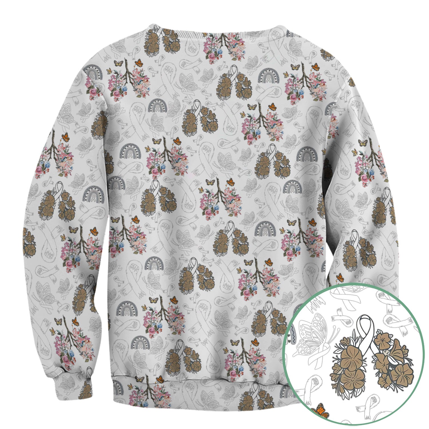 Lung Cancer Awareness Nurse Scrub Top - White Ribbon Butterfly Floral Medical Uniform - Comfortable V-Neck Nursing Shirt Gift