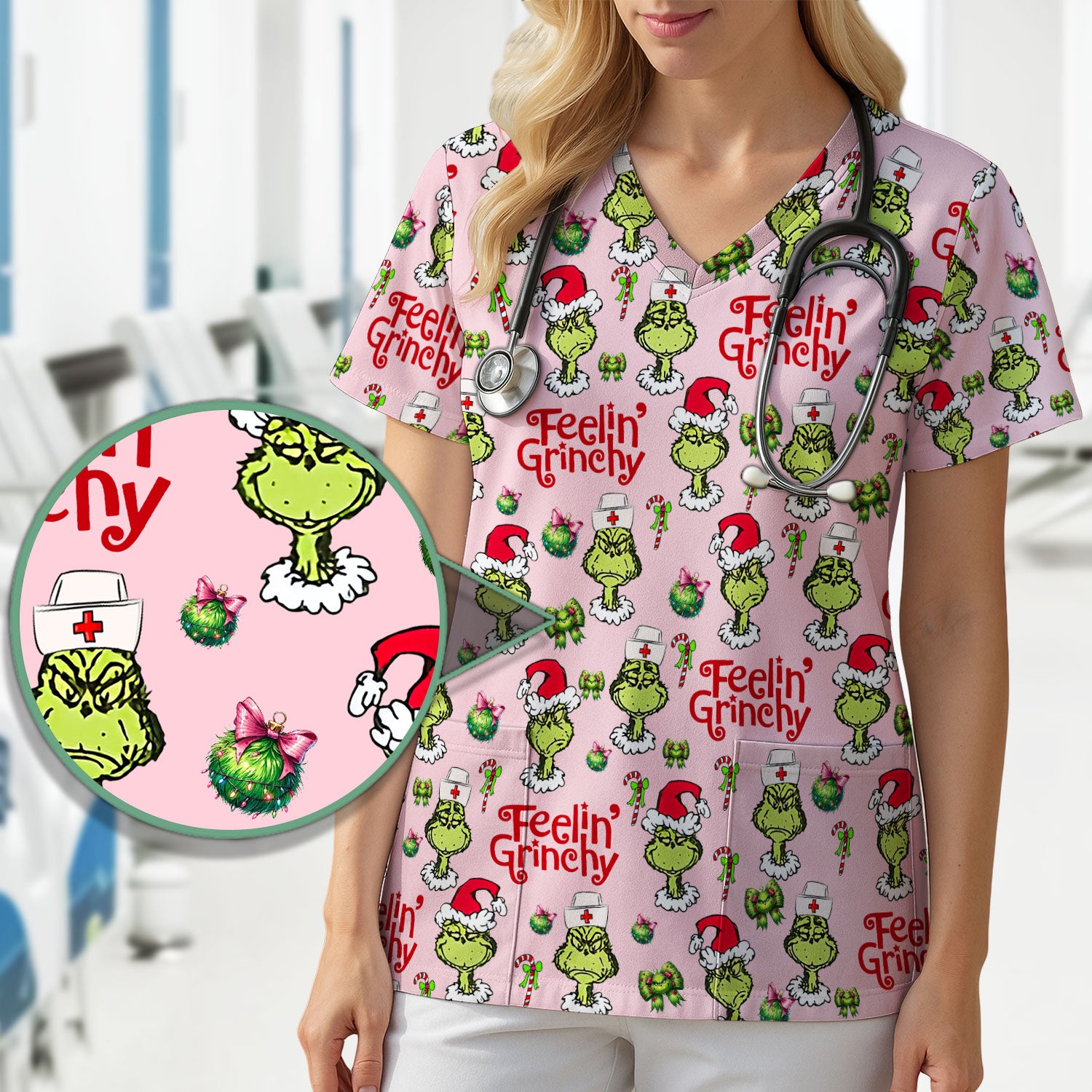 Grinch Nurse Christmas Scrub - Feelin‰۪ Grinchy Top - Funny Holiday Medical Uniform Gift for RN CNA LPN