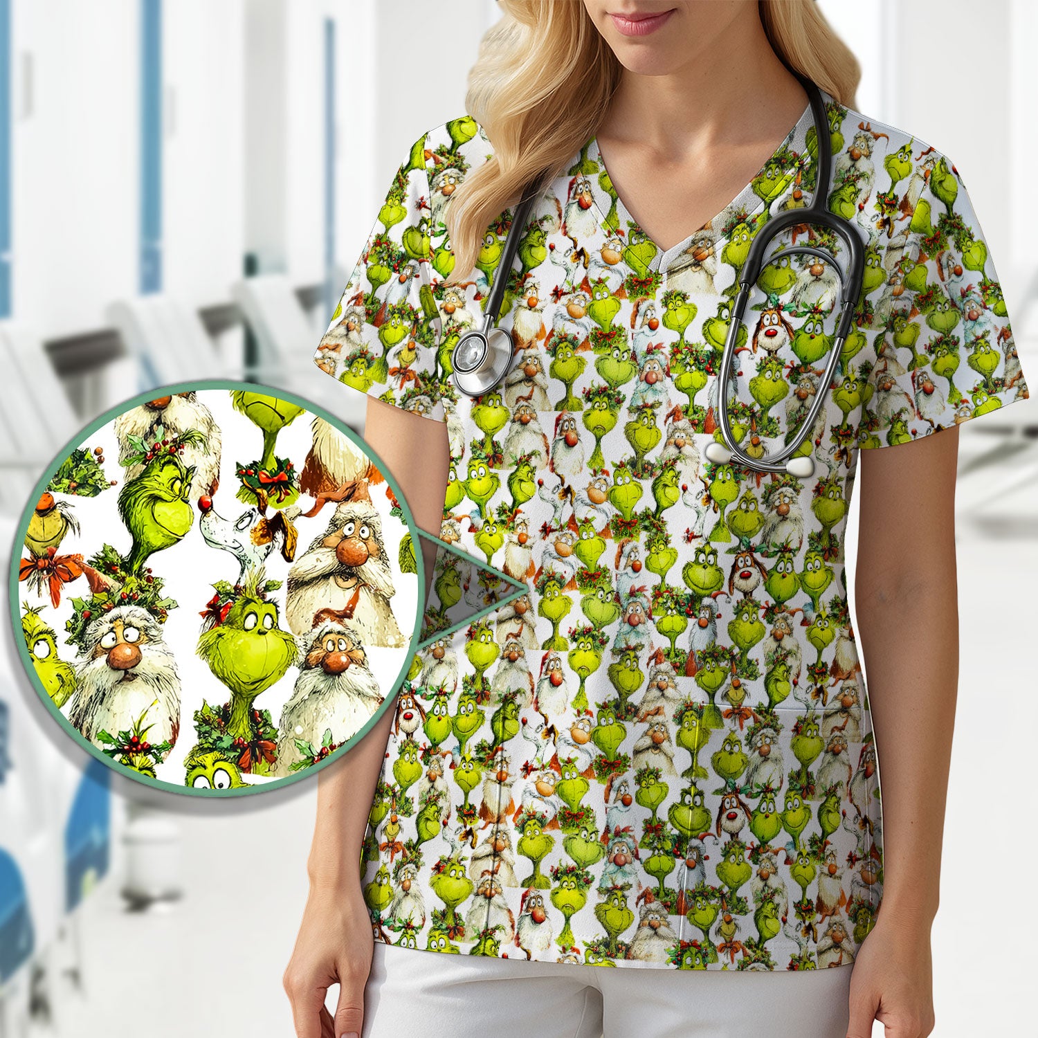 Grinch Nurse Scrub Shirt Multi Colors - Funny Cartoon Character Scrub Top - Christmas Holiday Nursing Workwear with Pockets