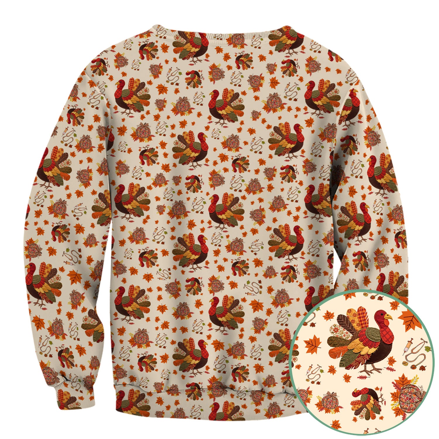 Thanksgiving Turkey Nurse Scrub Top for Women - Fall Leaves Pattern Shirts - Autumn Nursing Uniform Gift for RN LPN CNA