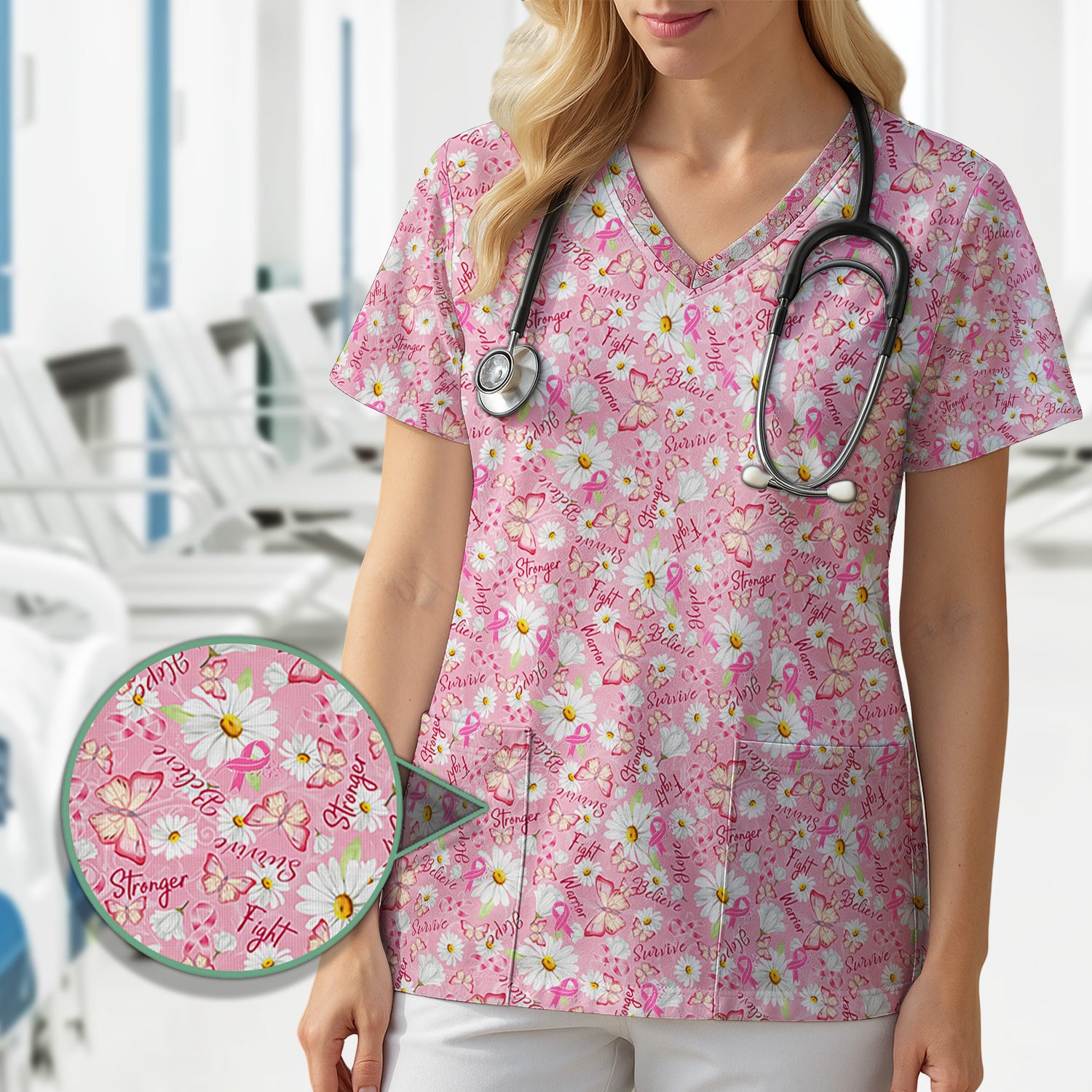 Breast Cancer Awareness Scrub - Warrior Survivor Hope & Pink Ribbon Top - Gift for Women RN LPN CNA