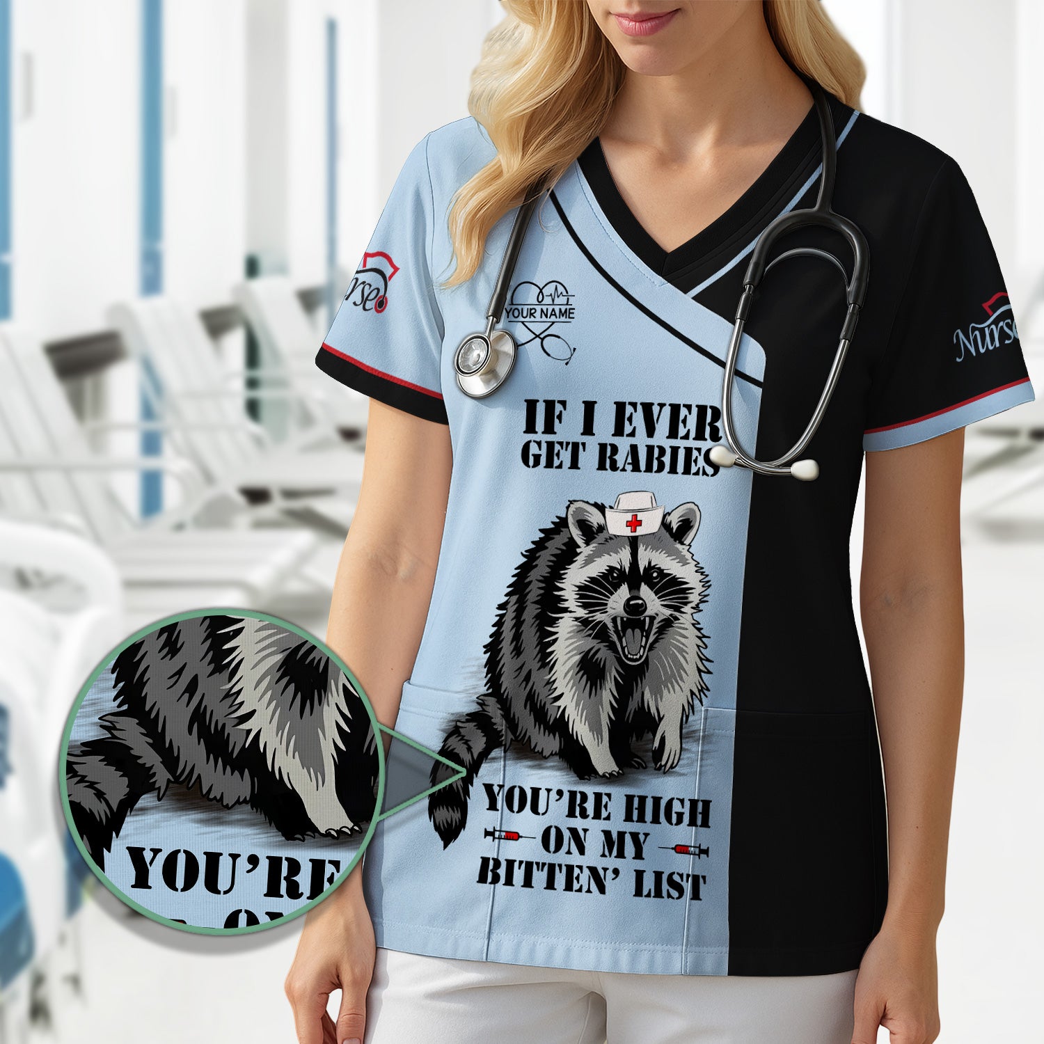Personalized Funny Nurse Scrub Top with Raccoon - You're High On My Bitten List - Gift for RN LPN CNA Women