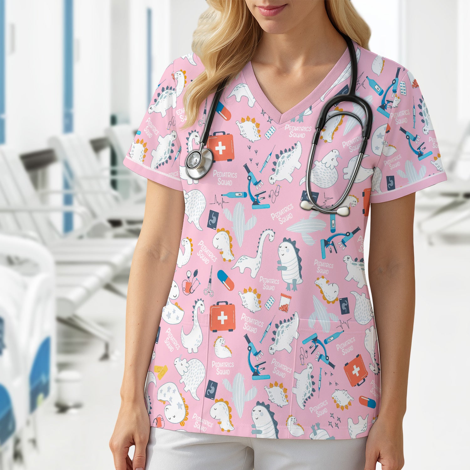 Personalized Pediatric Nurse Scrubs for Women - Cute Dino Print Medical Shirt - Gift for RN, CNA, LPN, Medical Staff