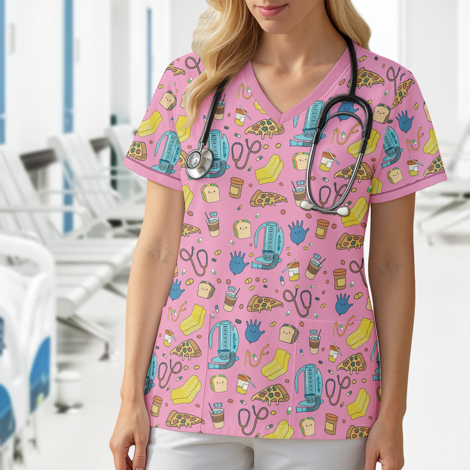 Funny Nurse Shirt with Medical Icons - Cute Cartoon Graphic Tee for Women - Gift for RN, CNA, Healthcare Worker