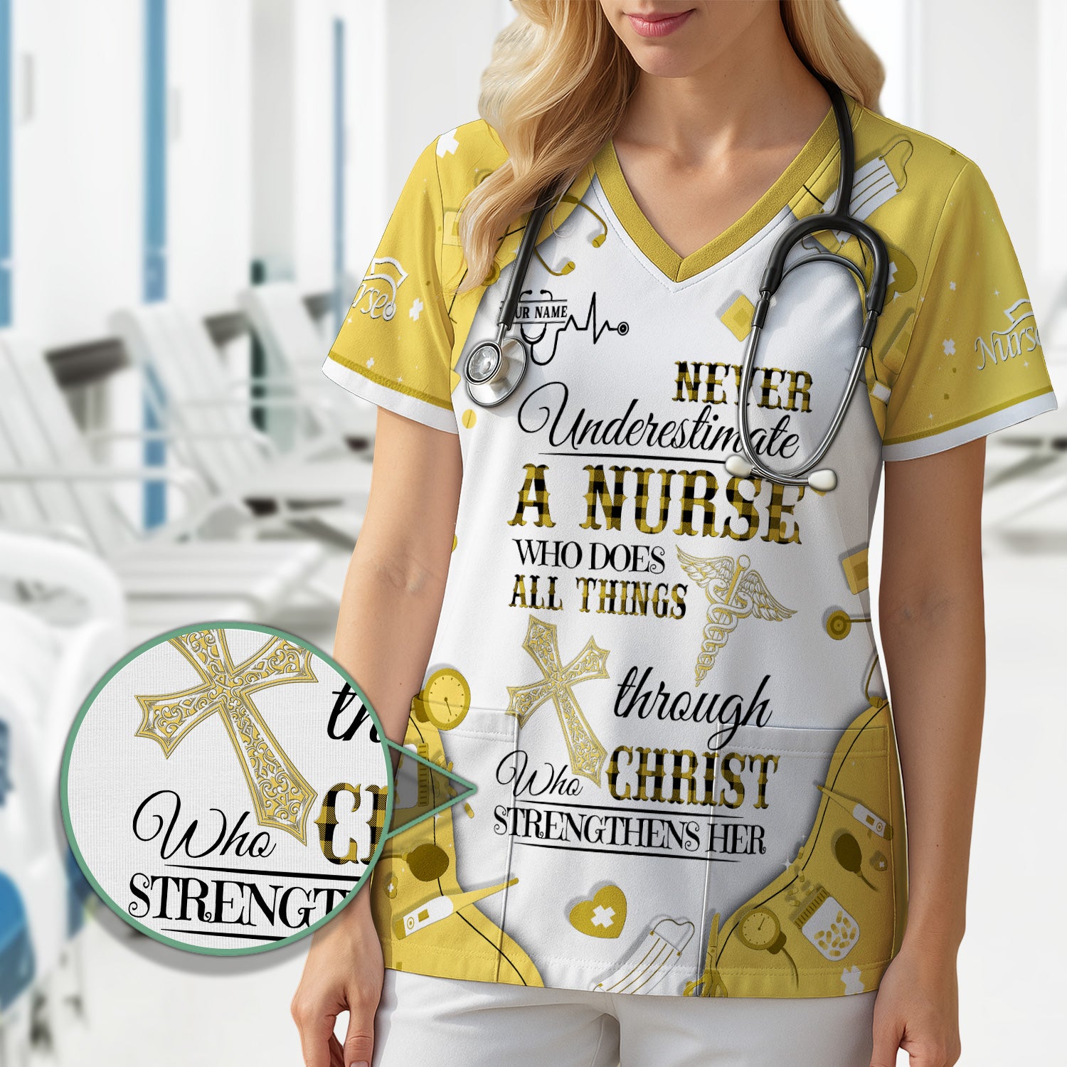 Faith-Based Personalized Nursing Scrub for Women - Bible Verse All Things Through Christ - Gift for RN, LPN, CNA Healthcare Professionals