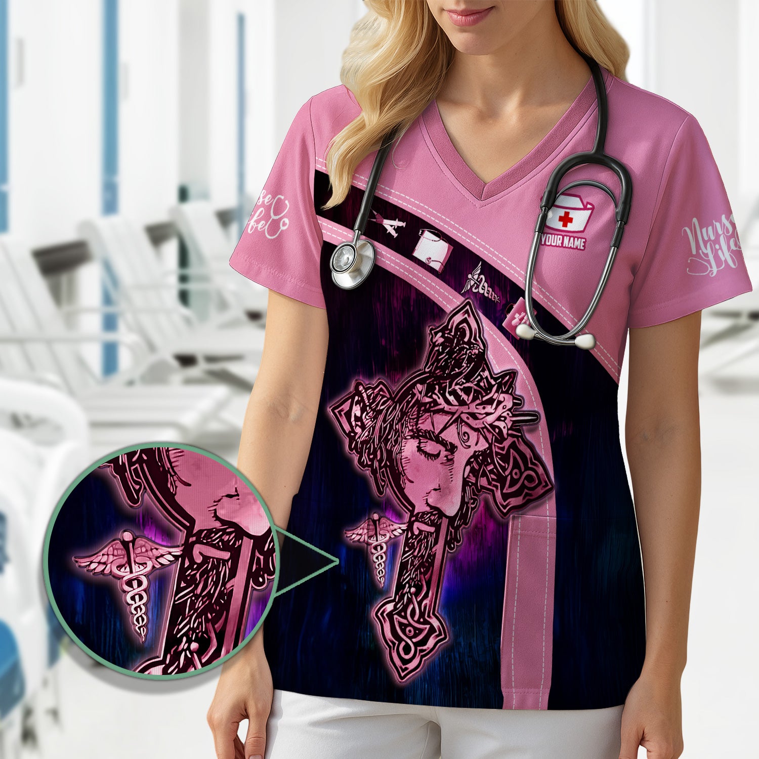 Personalized Christian Nurse T-Shirt - Jesus on the Cross Faith Graphic Tee - Gift for RN LPN CNA Healthcare Professionals