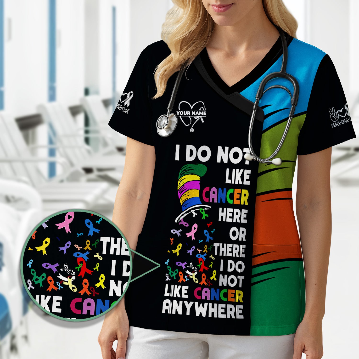 Personalized Breast Cancer Awareness Scrub Top - I Do Not Like Cancer Anywhere - Gift for Women RN LPN