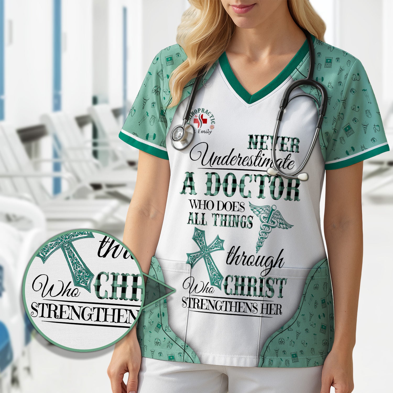 Personalized Christian Scrub Top - Never Underestimate a Doctor - Gift for Women Doctors & Medical Professionals