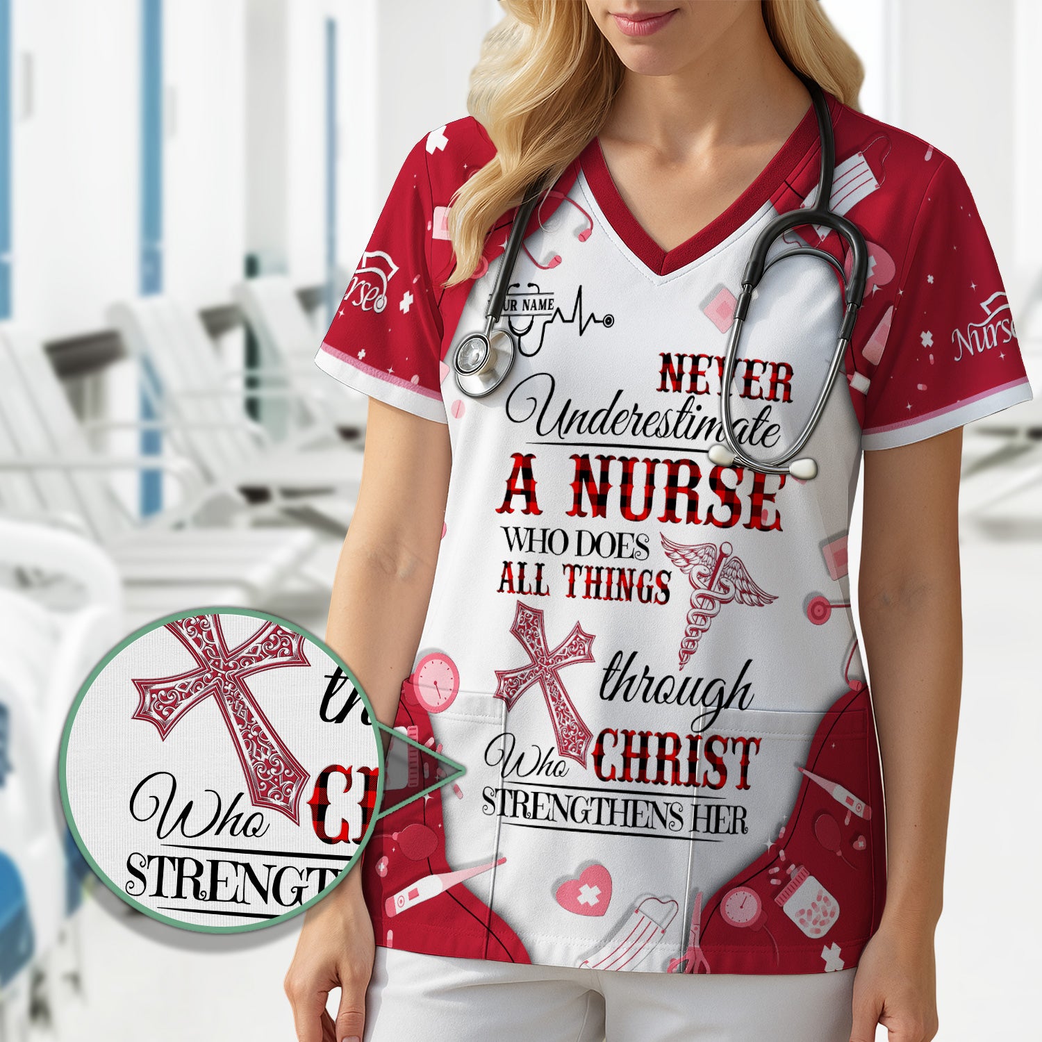 Faith-Based Personalized Nursing Scrub for Women - Bible Verse All Things Through Christ - Gift for RN, LPN, CNA Healthcare Professionals