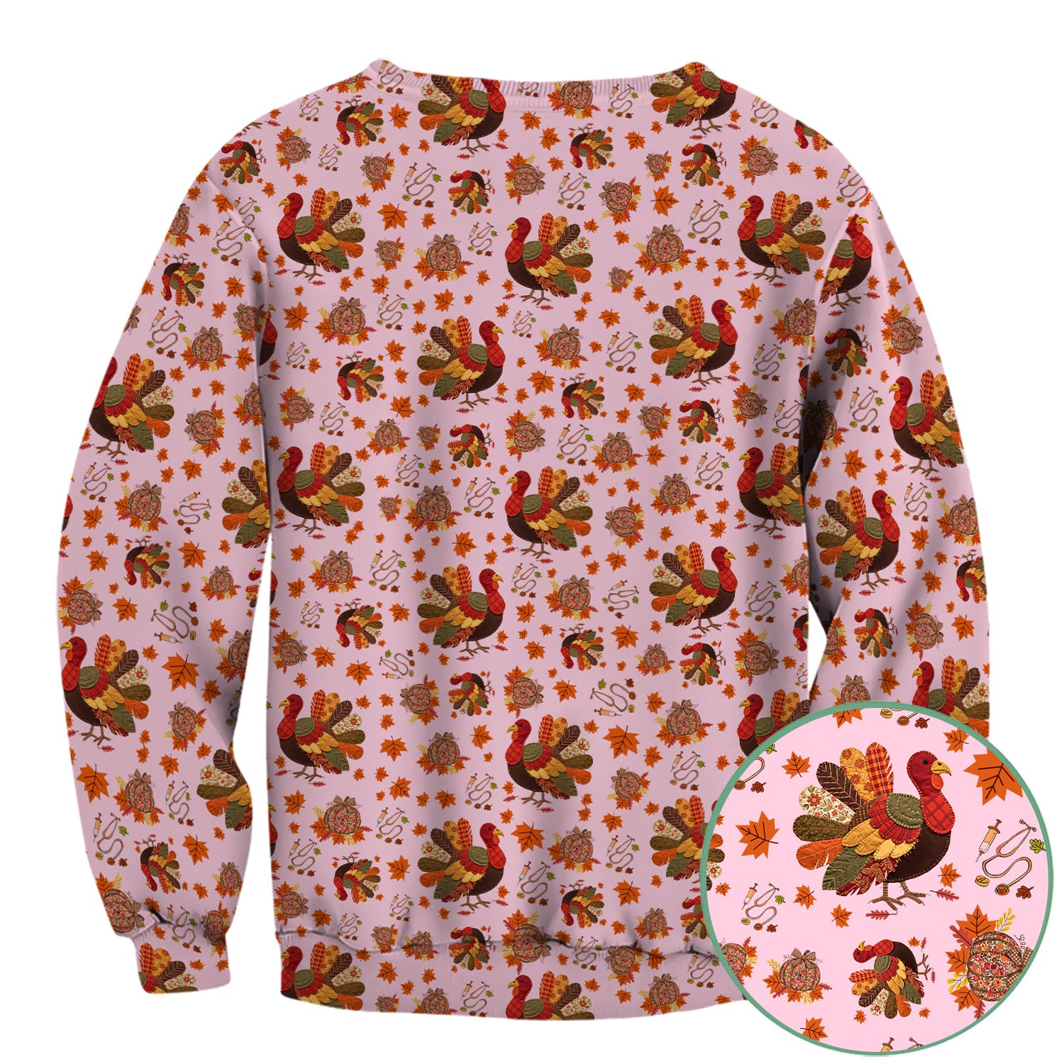 Thanksgiving Turkey Nurse Scrub Top for Women - Fall Leaves Pattern Shirts - Autumn Nursing Uniform Gift for RN LPN CNA