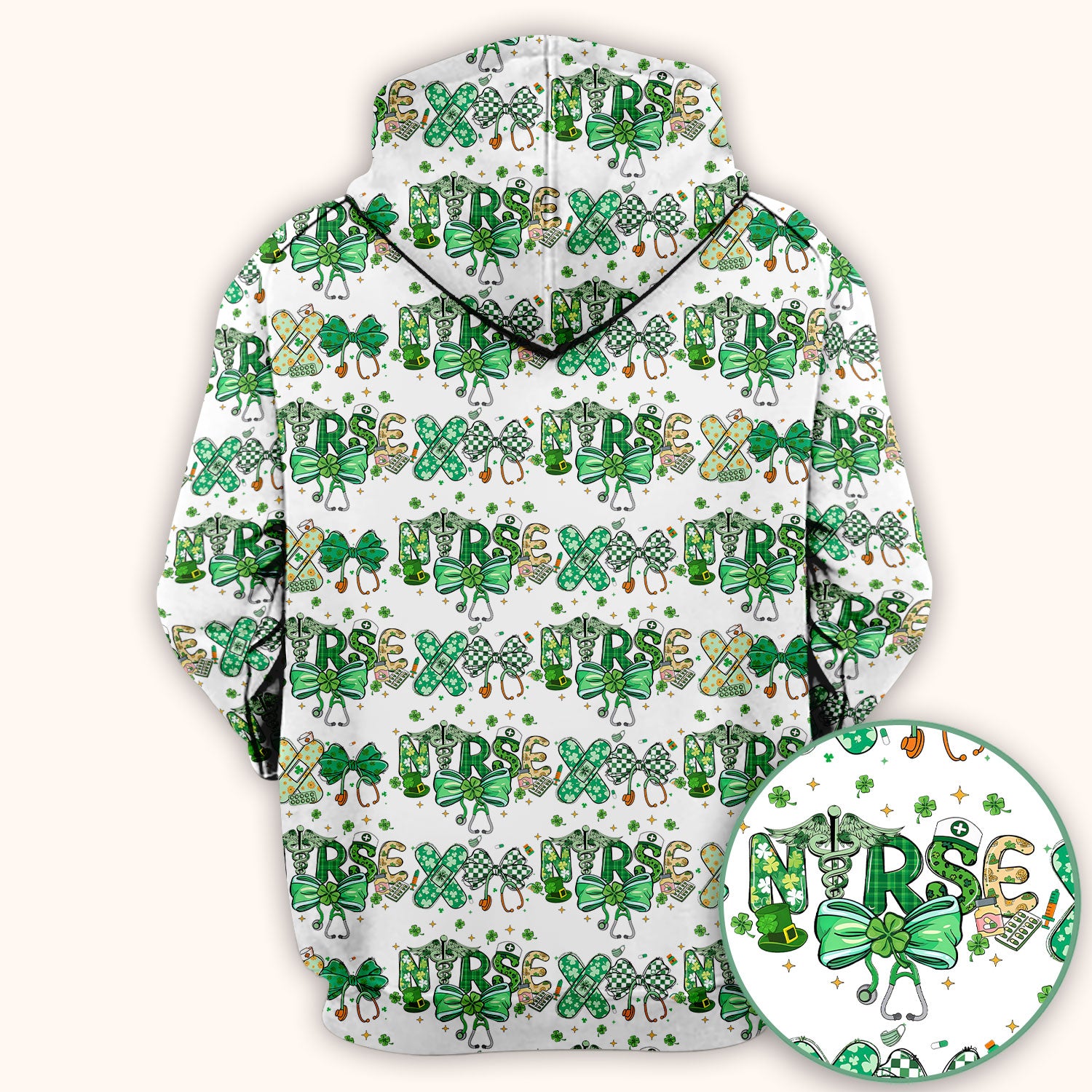 St. Patrick’s Nurse Scrub Top, Lucky Clover And Green Bow Pattern Nurse Shirt, Breathable Fabrics Nursing Uniform