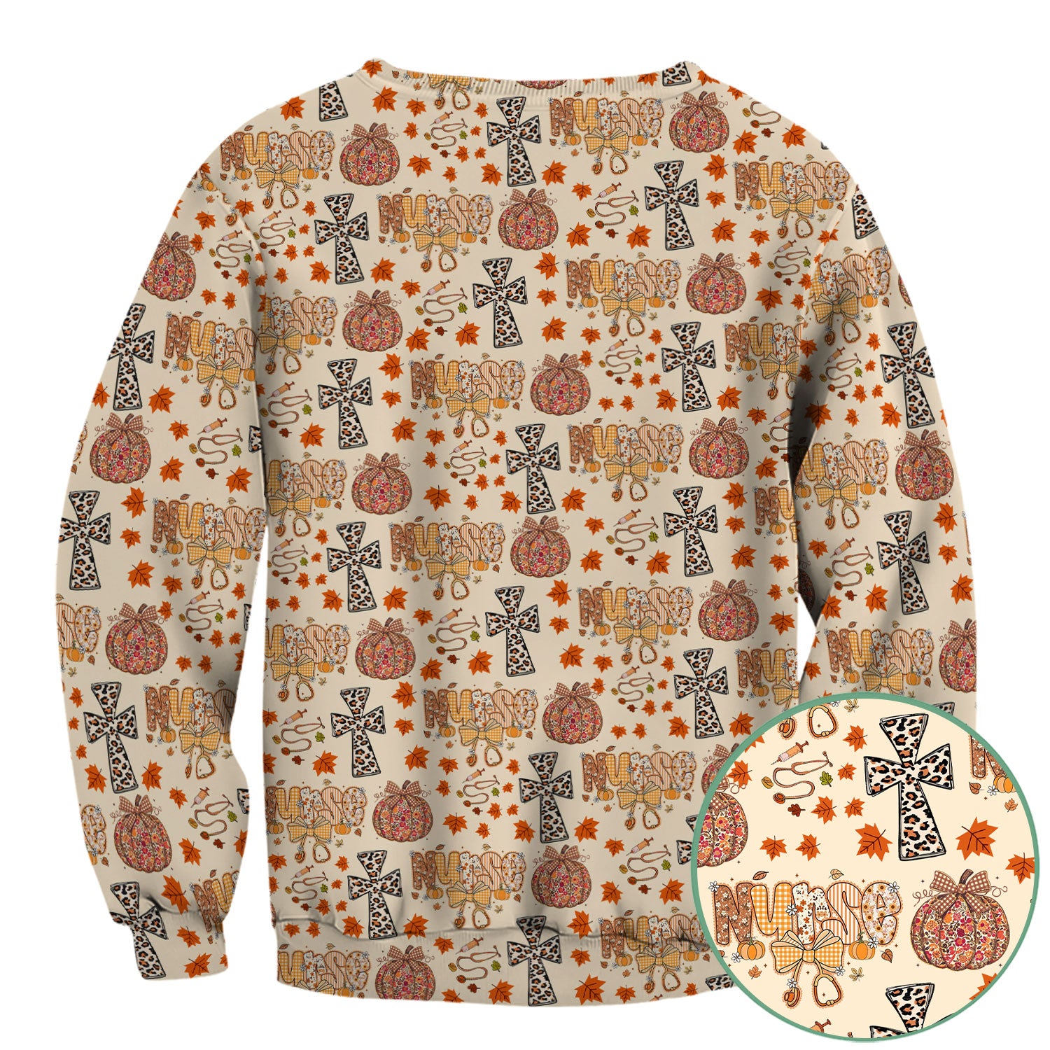 I Will Praise Him In Every Season - Boho Pumpkin Leopard Cross Fall Scrub Top for Nurse - Thanksgiving Med Uniform for Women