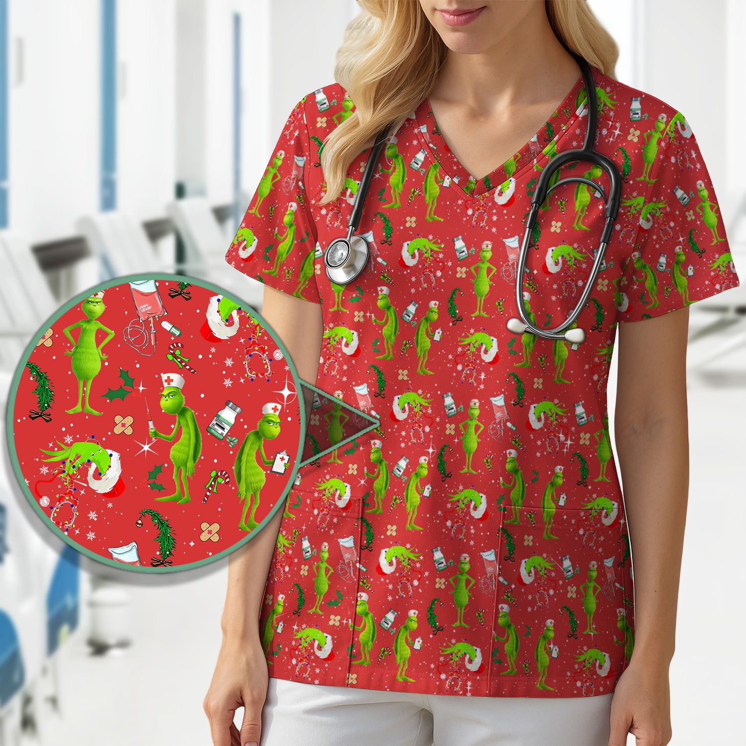 Funny Grinch Scrub Top - Christmas Nurse Shirt for Women - Multiple Color Options CNA RN LPN Gift