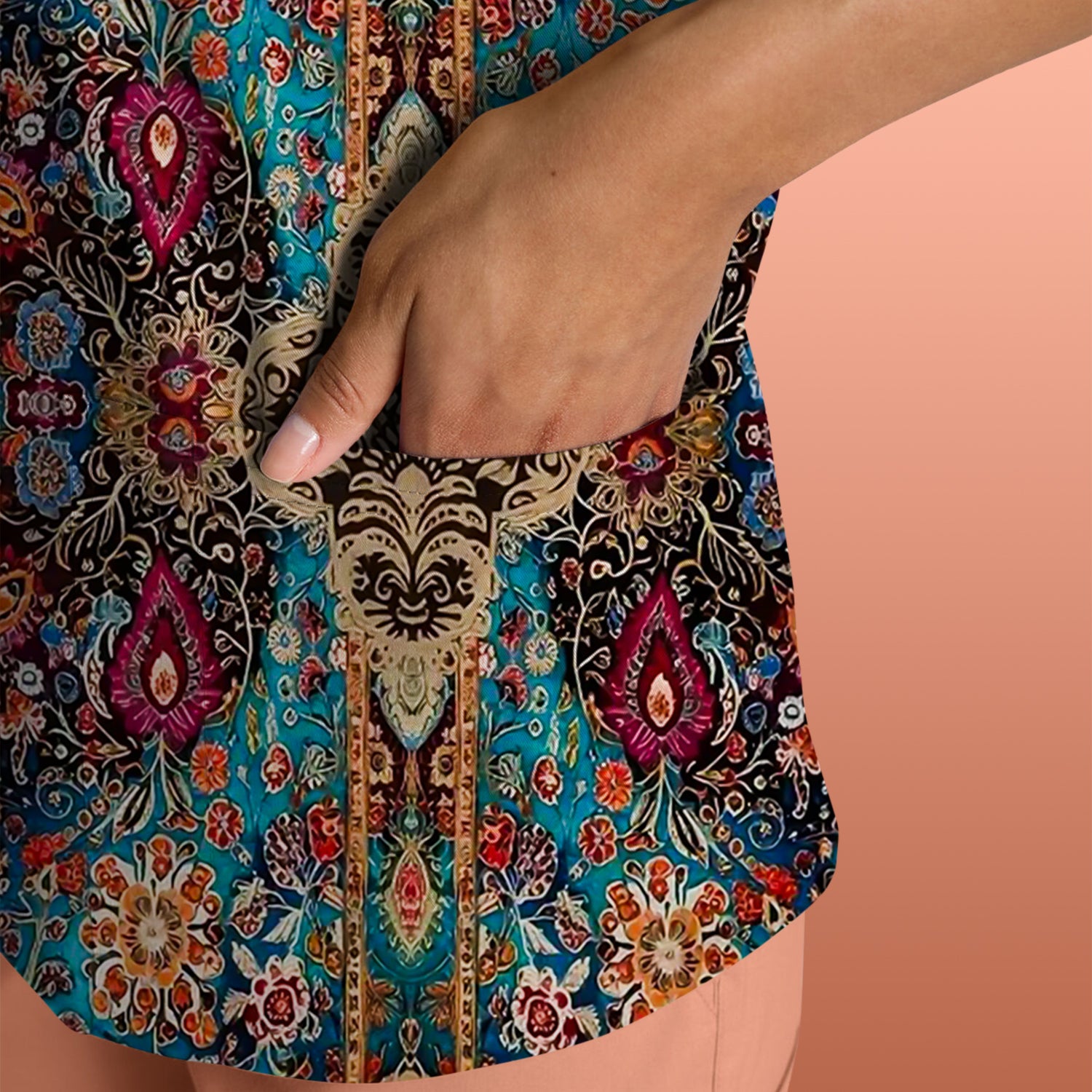 Artistic Bohemian Nurse Scrub Top - Colorful Tapestry & Boho Pattern Design - Thoughtful Gift for Women RN LPN & Healthcare Workers