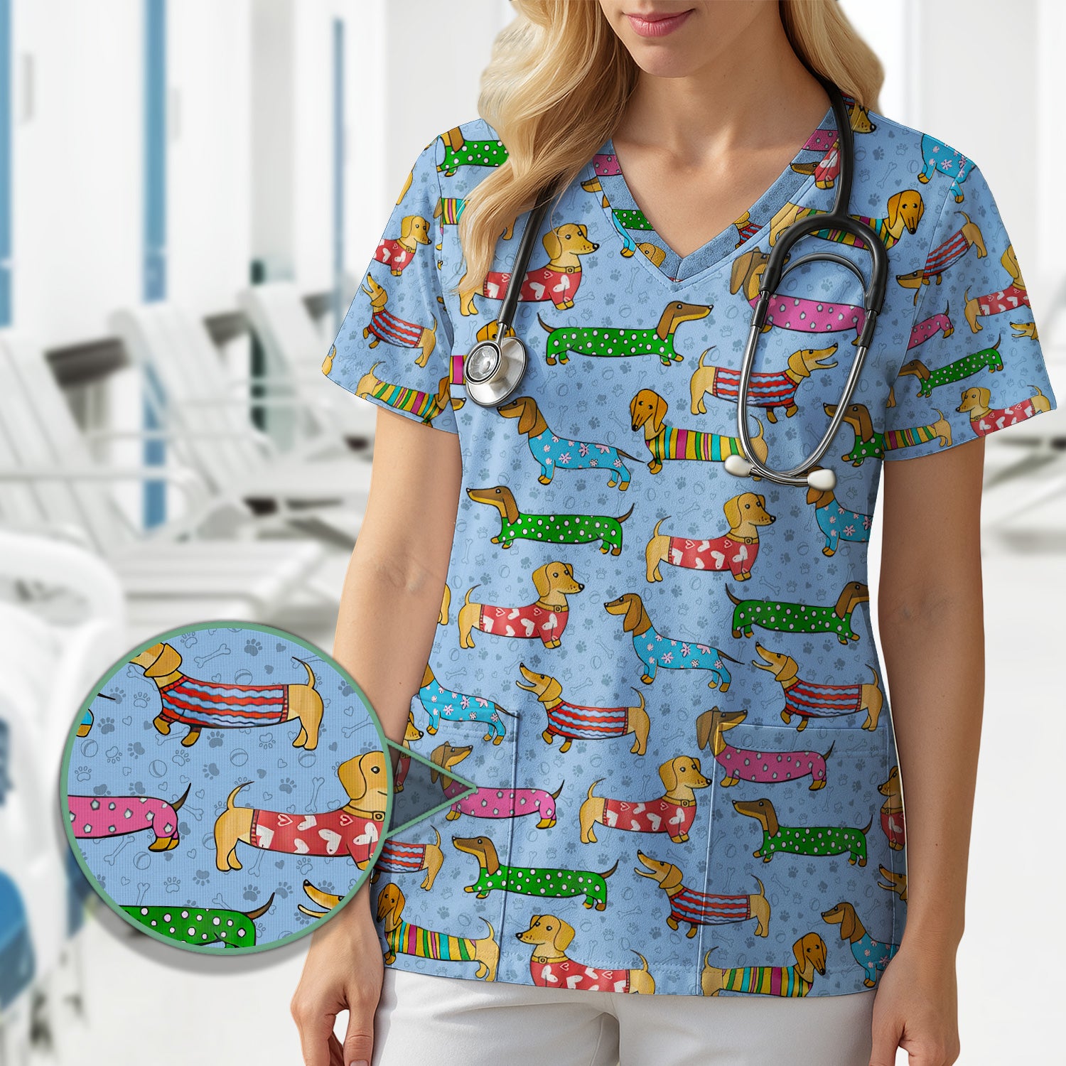 Dachshund Dog Scrub Top - Funny Animal Lover Scrubs For Women - RN LPN CNA Healthcare Workers Gift