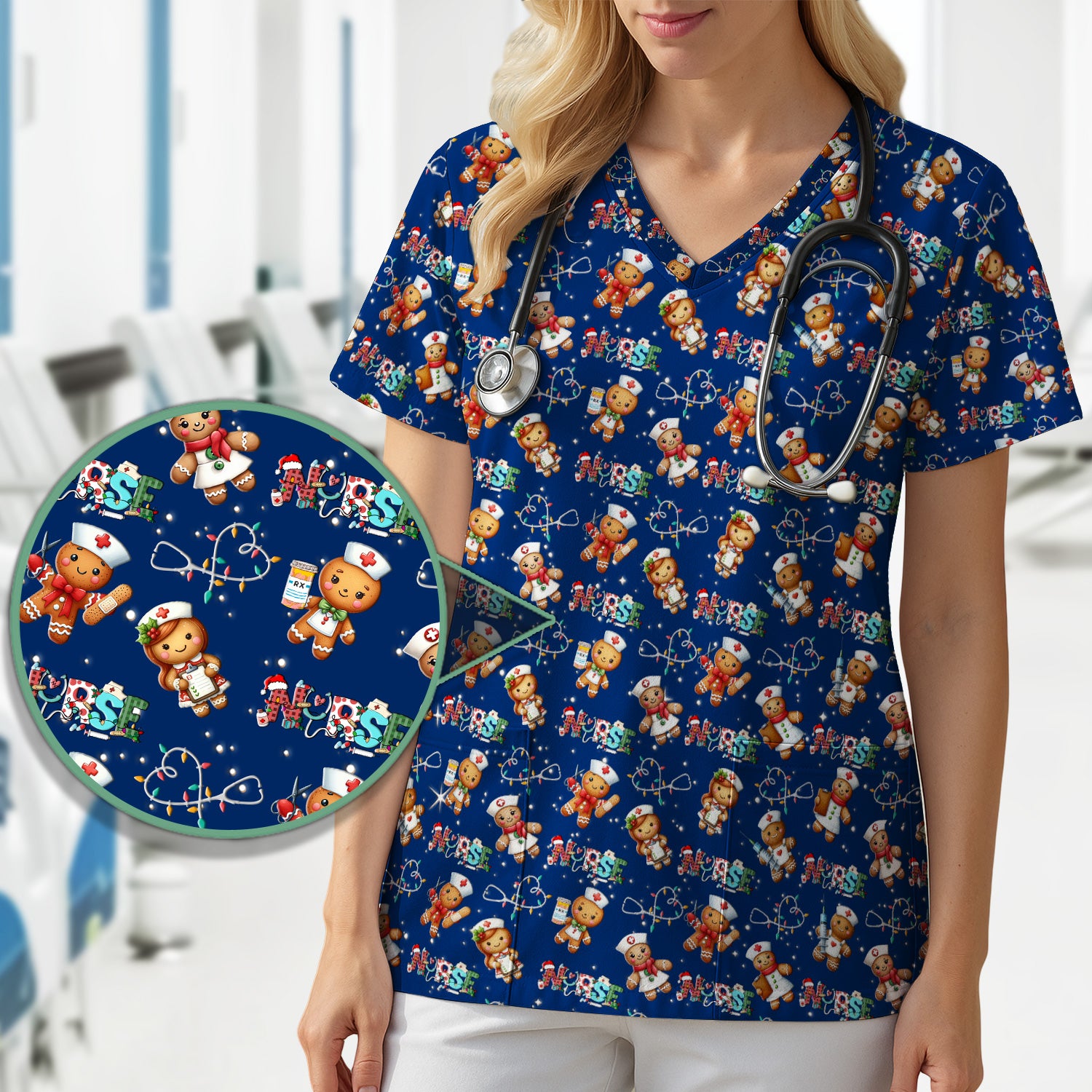 Christmas Gingerbread Nurse Scrub Top - Cute Holiday Medical Uniform for Women - Gift for RN CNA LPN LVN EN