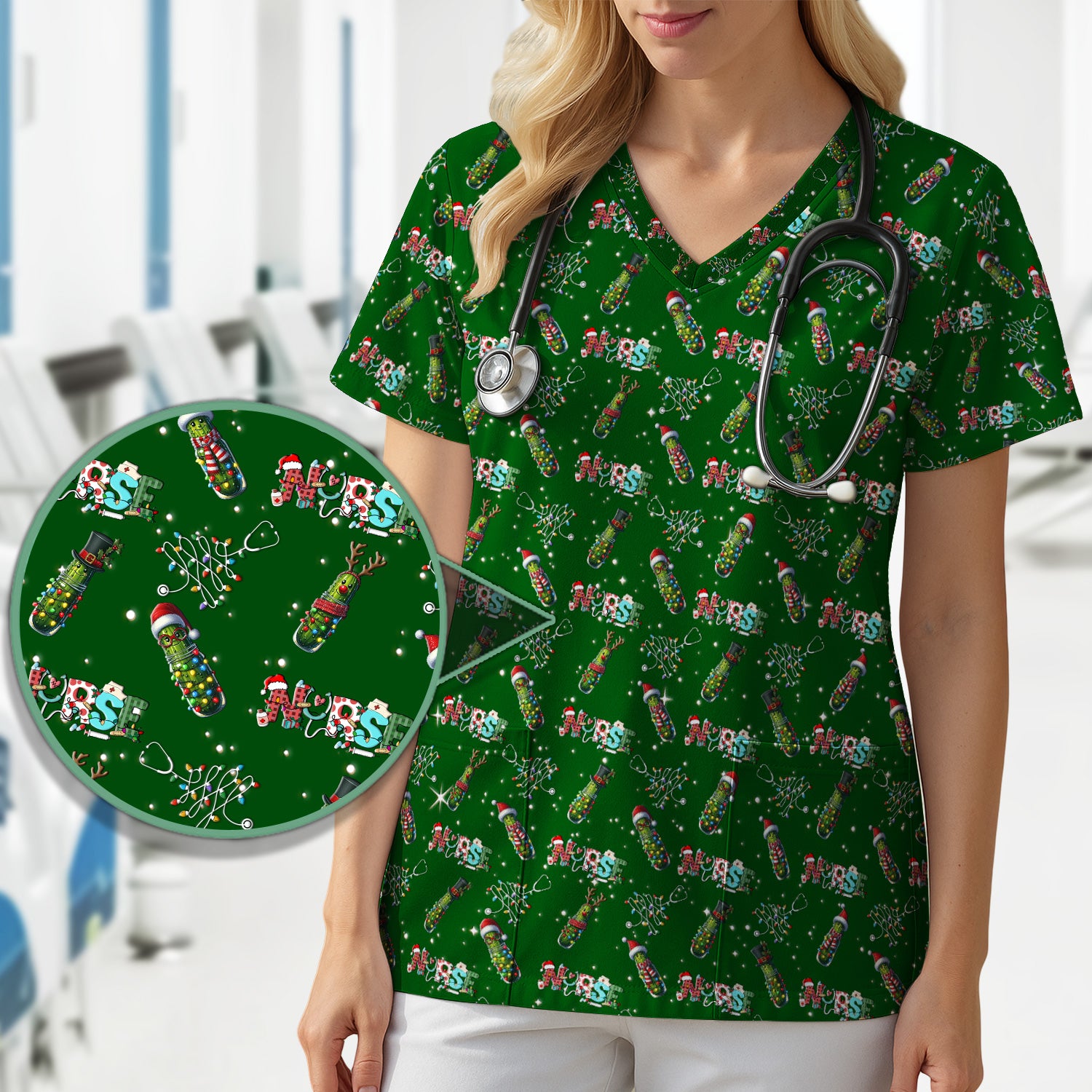 Christmas Pickle Scrub Top - Funny Holiday Medical Uniform - Gift for Nurse RN CNA LPN LVN EN