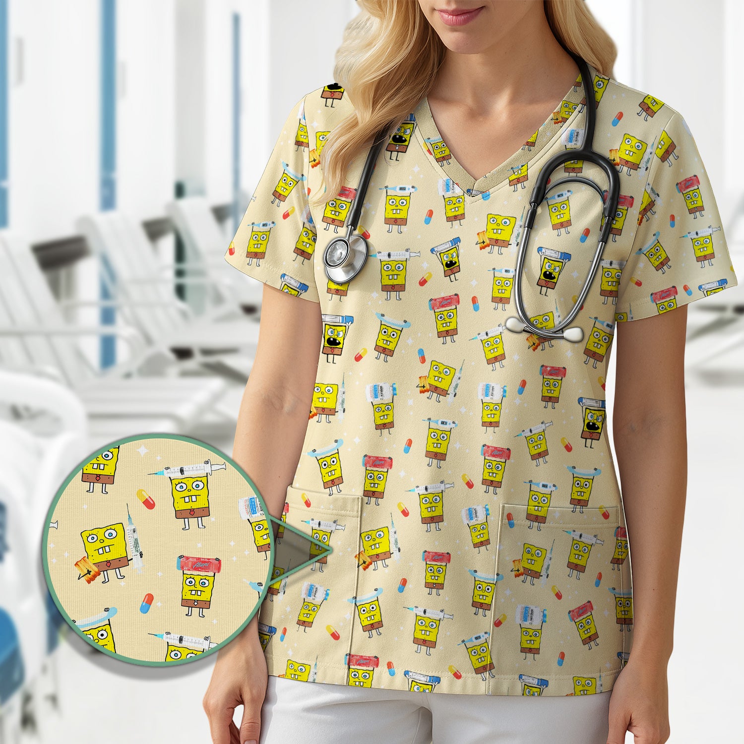 Cartoon Character Scrub Top - All-Over Print Doodle Medical Characters - Gift for RN LPN Healthcare Workers