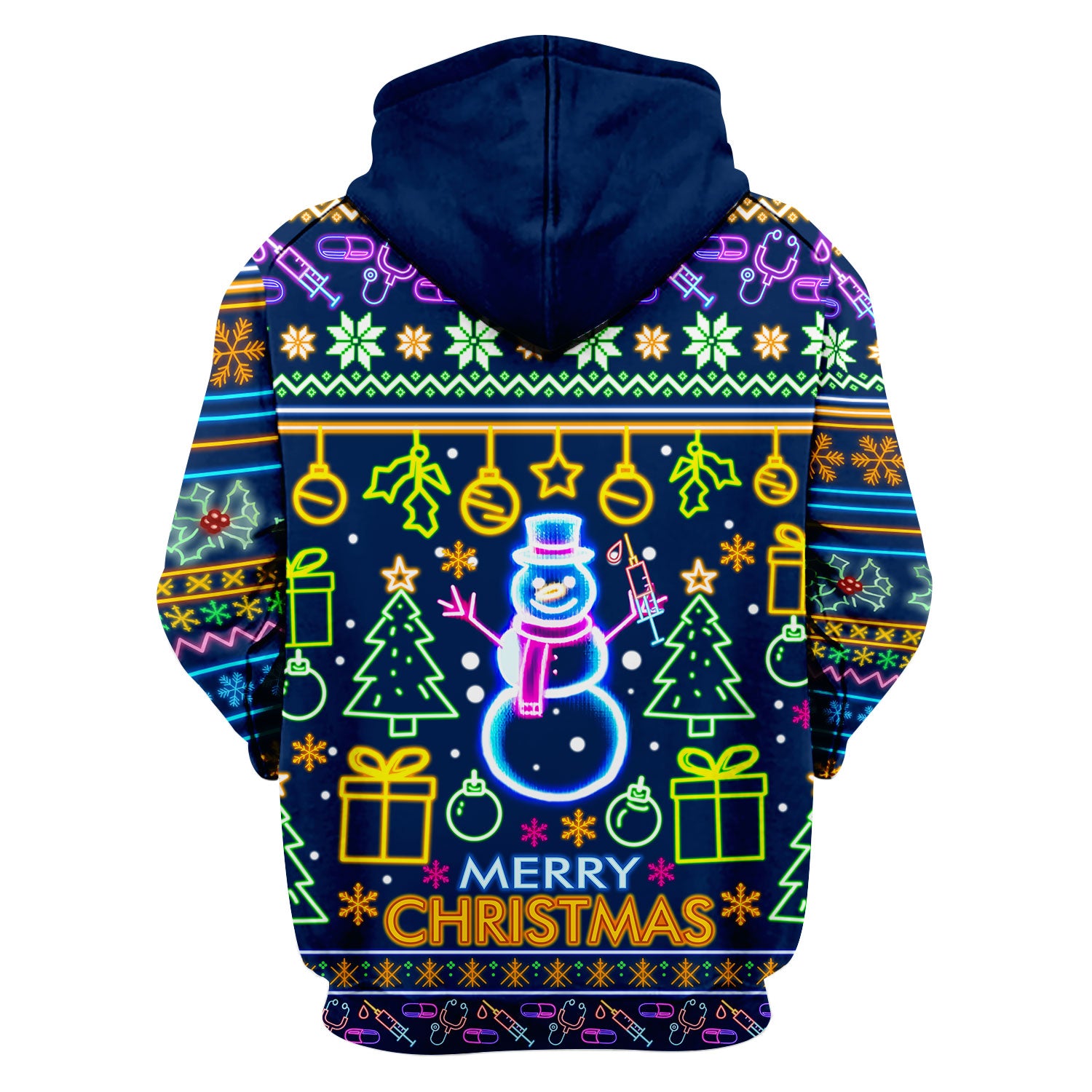 Neon Snowman Christmas Scrub Top for Nurses - Merry Christmas Holiday Lights Pattern - Funny Festive Medical Uniform for RN LPN CNA