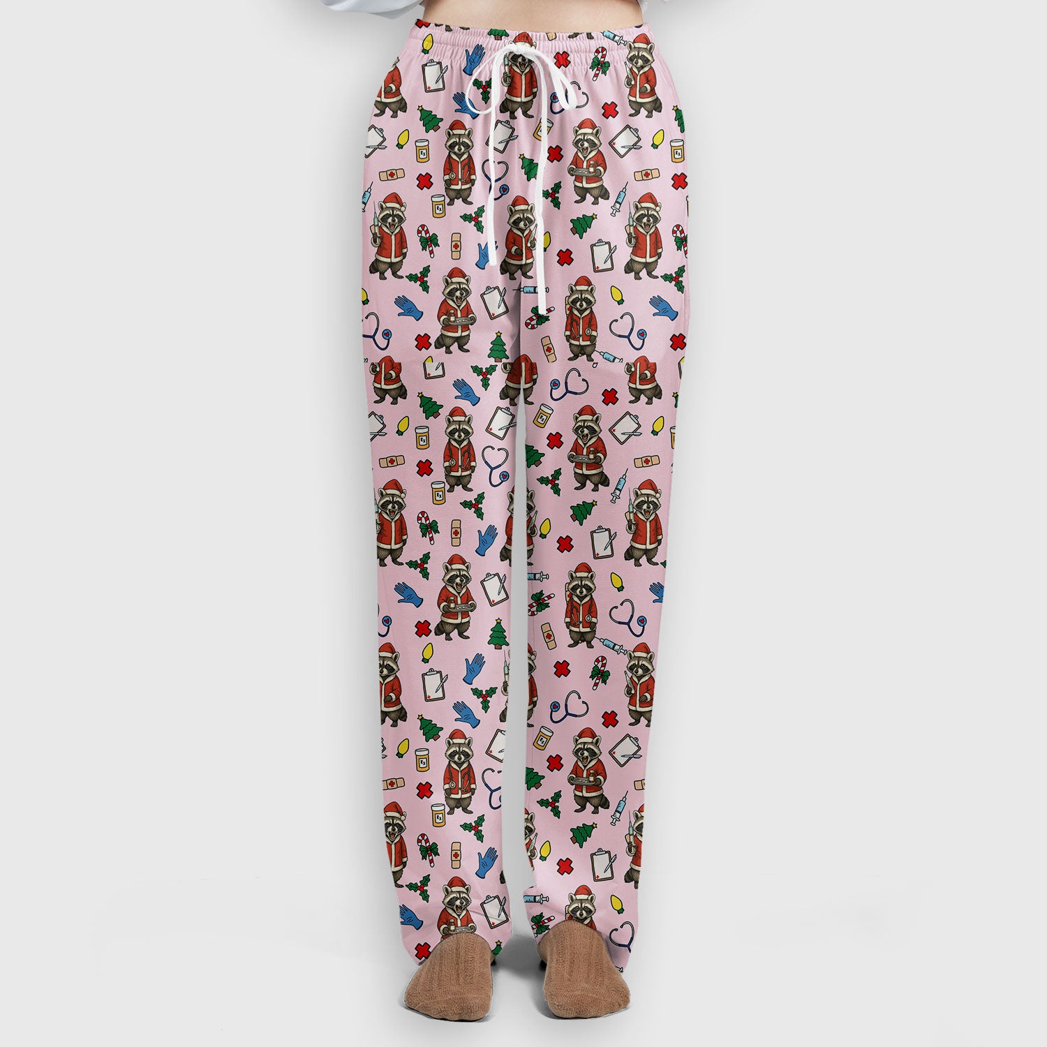 Christmas Raccoon Pattern Nurse Scrub Set - Funny Santa Medical Print Top and Pants - Holiday Gift for RN LPN CNA Women