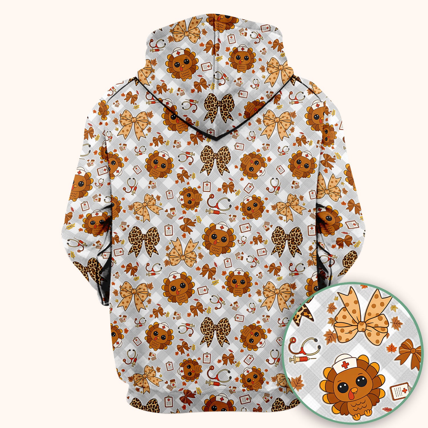Thanksgiving Turkey Scrub Top for Nurses - Cute Fall Leaves and Bow Shirt - Funny Autumn Nursing Gift for Women RN LPN CNA