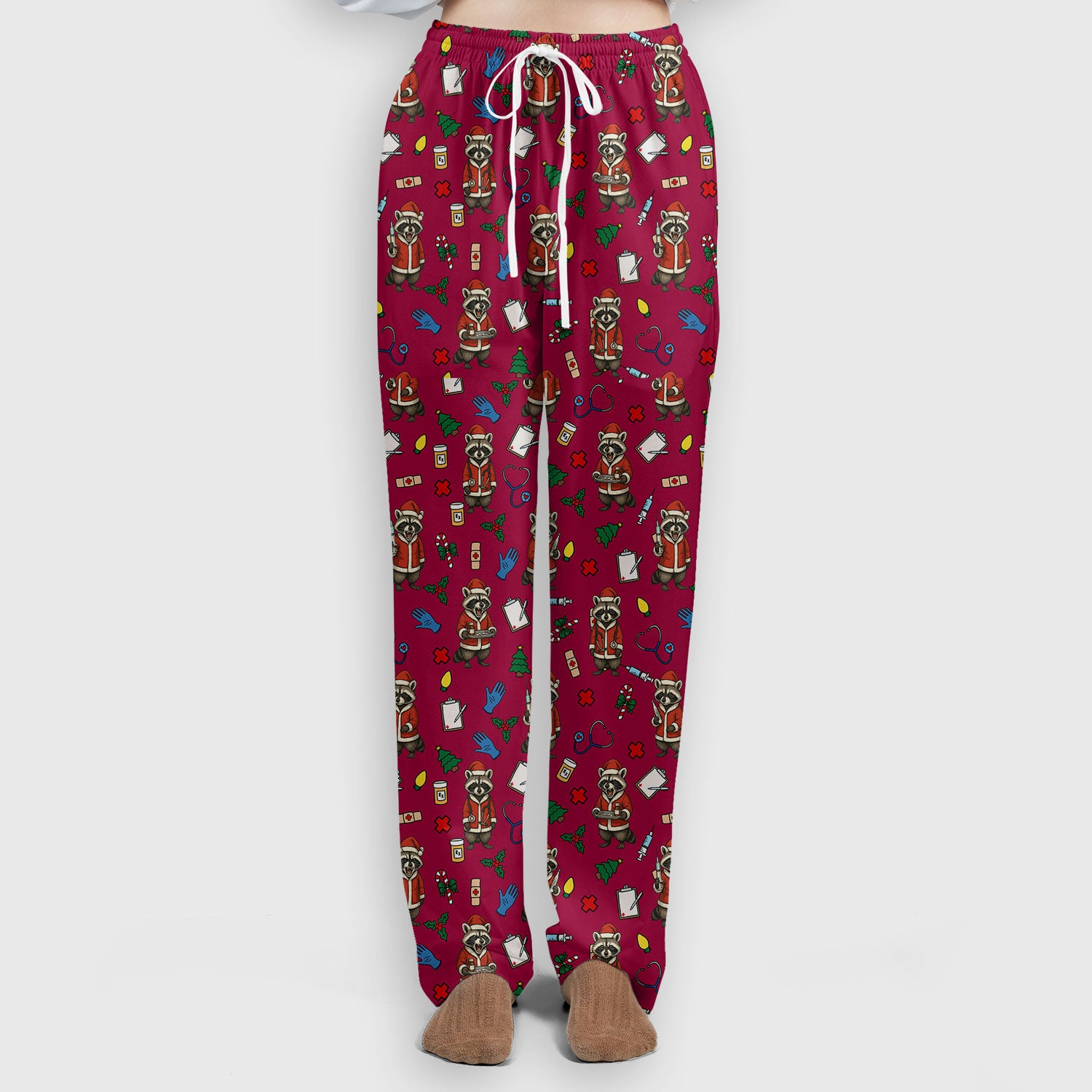 Christmas Raccoon Pattern Nurse Scrub Set - Funny Santa Medical Print Top and Pants - Holiday Gift for RN LPN CNA Women