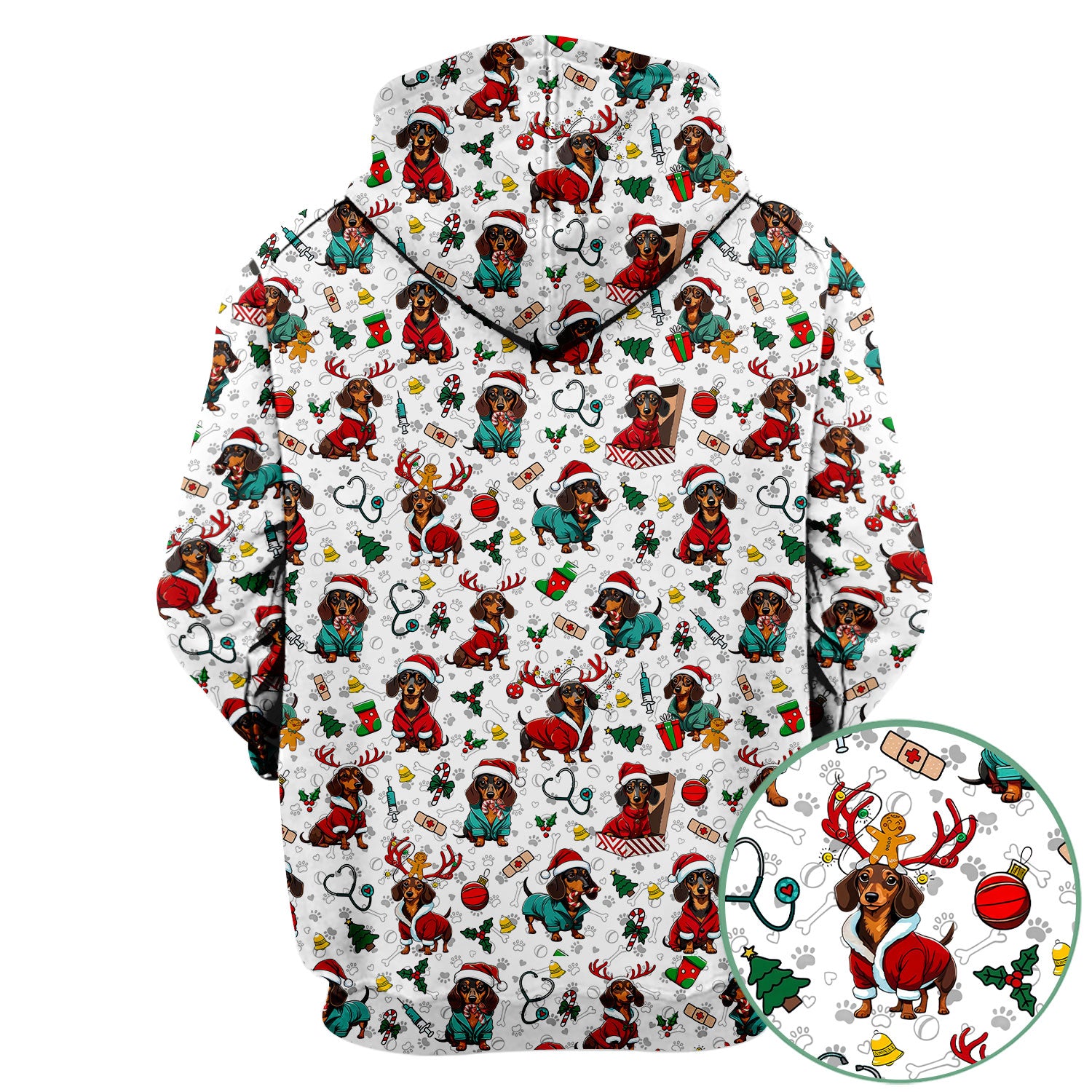 Christmas Dachshund Scrubs for Nurses - Cute Sausage Dog Holiday Scrub Top - Funny Reindeer & Santa Medical Shirt for Women