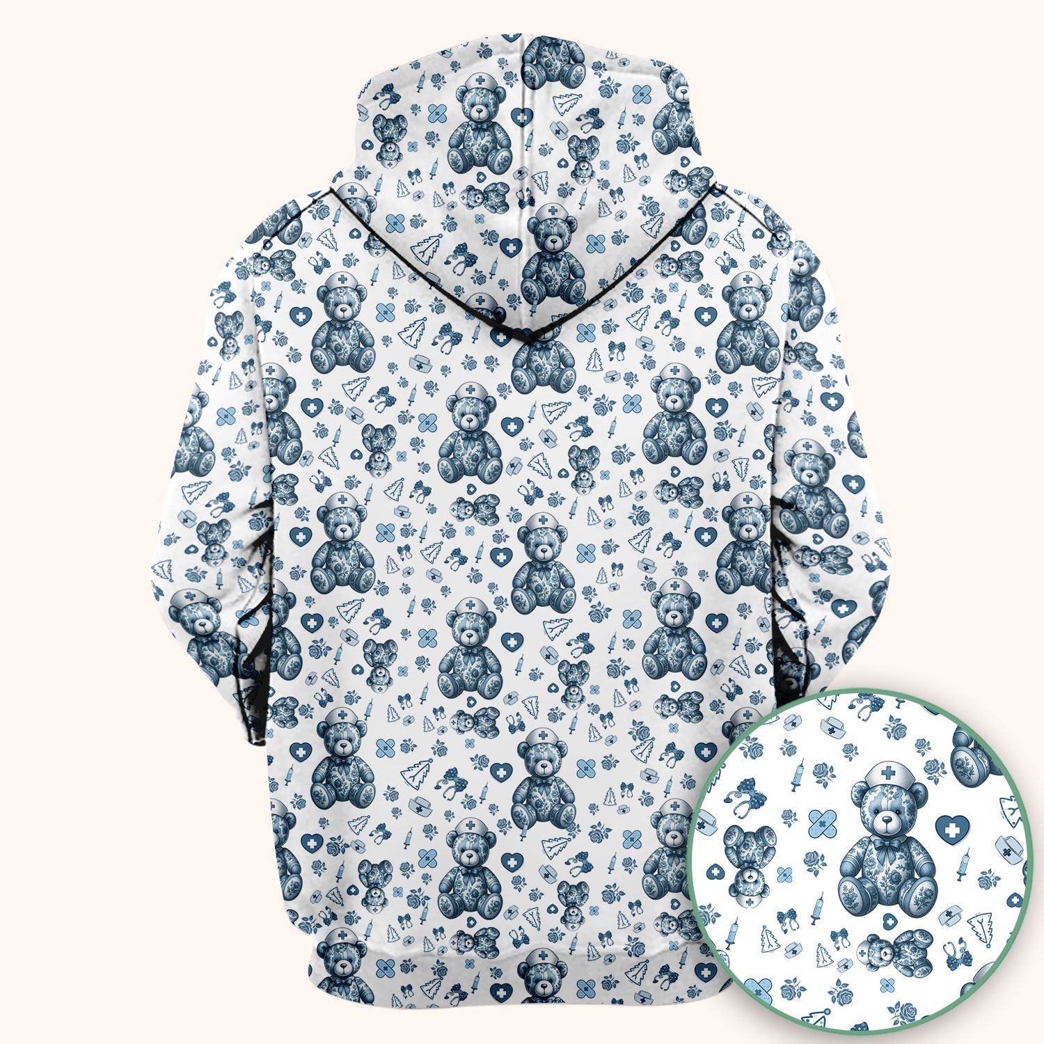 Toile Teddy Bear Nurse Scrub Top - Elegant Blue Toile de Jouy Pattern Medical Shirt for Women - Cute Vintage Nursing Uniform Gift