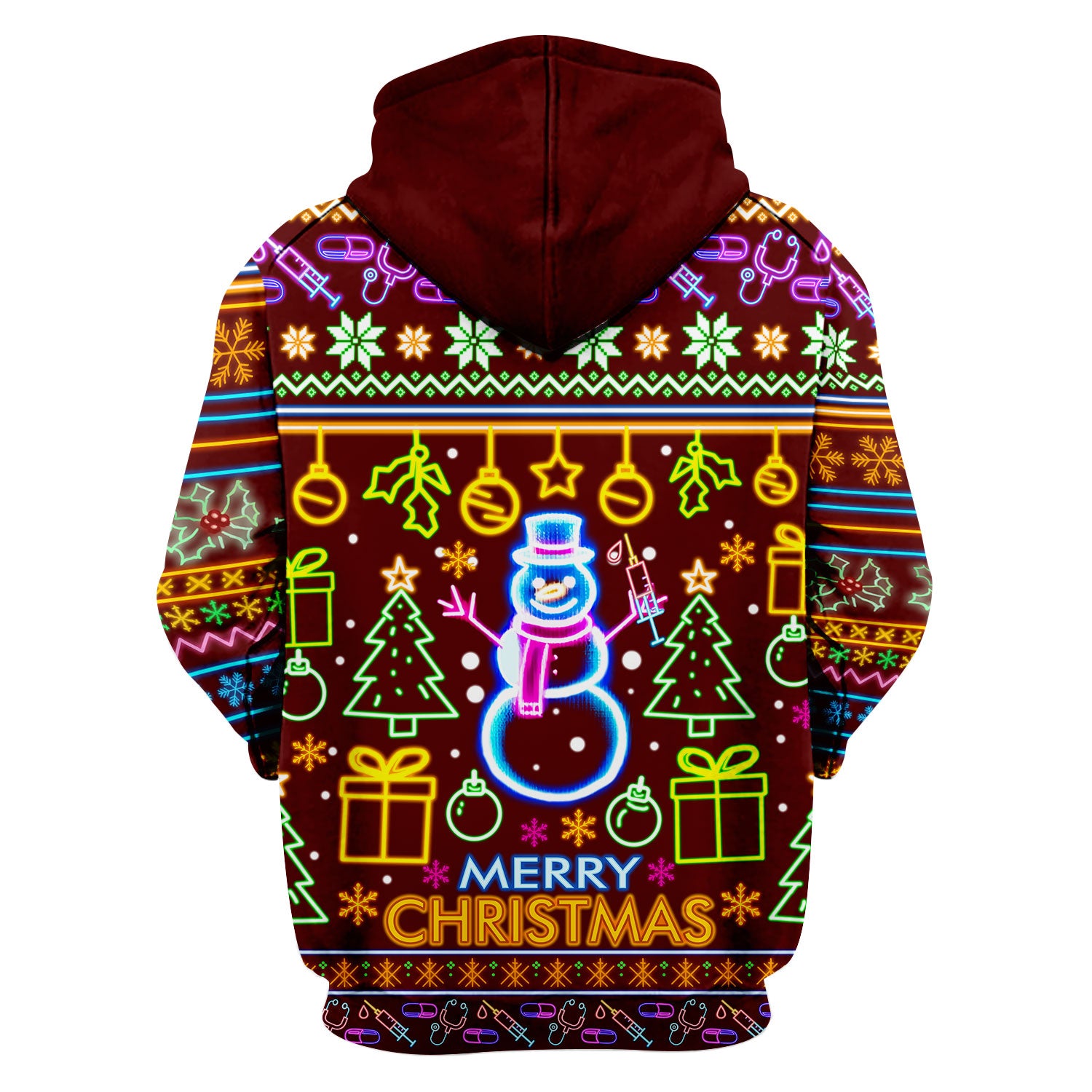 Neon Snowman Christmas Scrub Top for Nurses - Merry Christmas Holiday Lights Pattern - Funny Festive Medical Uniform for RN LPN CNA