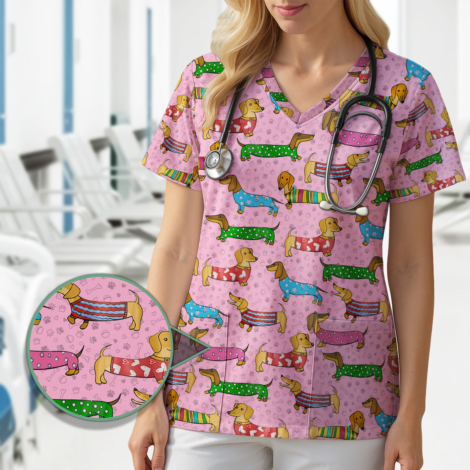 Cute Dachshund Dog Scrub for Nurse - Funny Animal Lover Top for Women - RN LPN CNA Healthcare Workers Gift